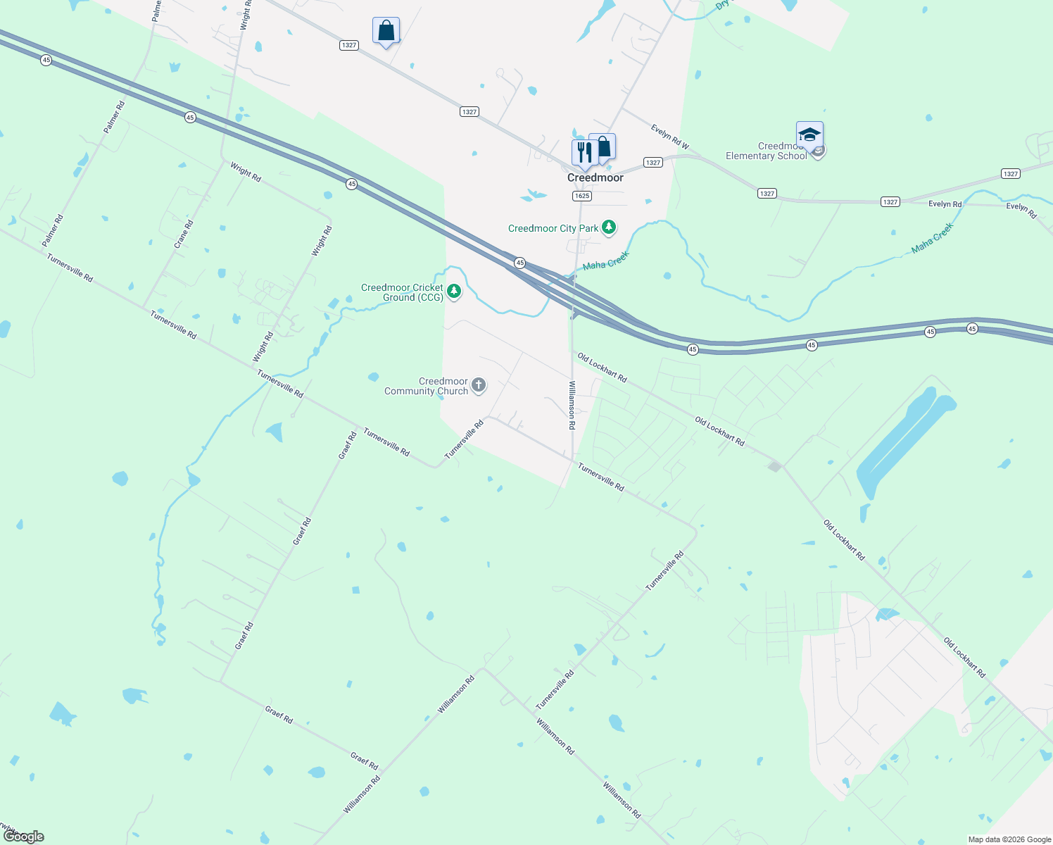 map of restaurants, bars, coffee shops, grocery stores, and more near 5200 Turnersville Road in Creedmoor