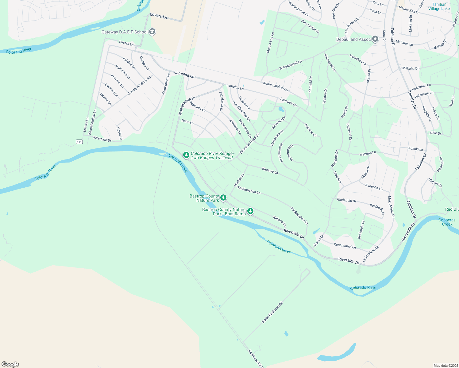 map of restaurants, bars, coffee shops, grocery stores, and more near 150 Waikiki Drive in Bastrop
