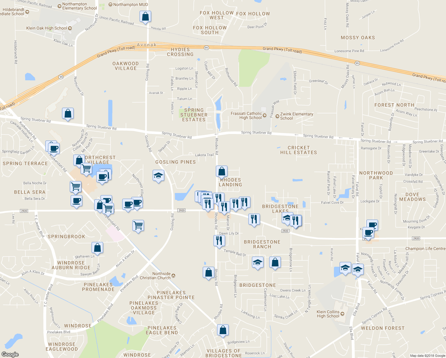 map of restaurants, bars, coffee shops, grocery stores, and more near 21602 Astipalia Drive in Spring