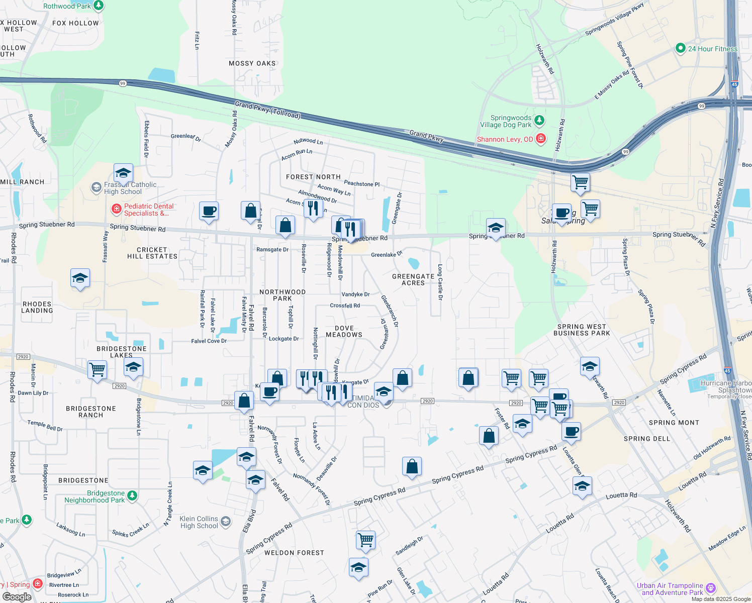 map of restaurants, bars, coffee shops, grocery stores, and more near 3202 Crossfell Road in Spring