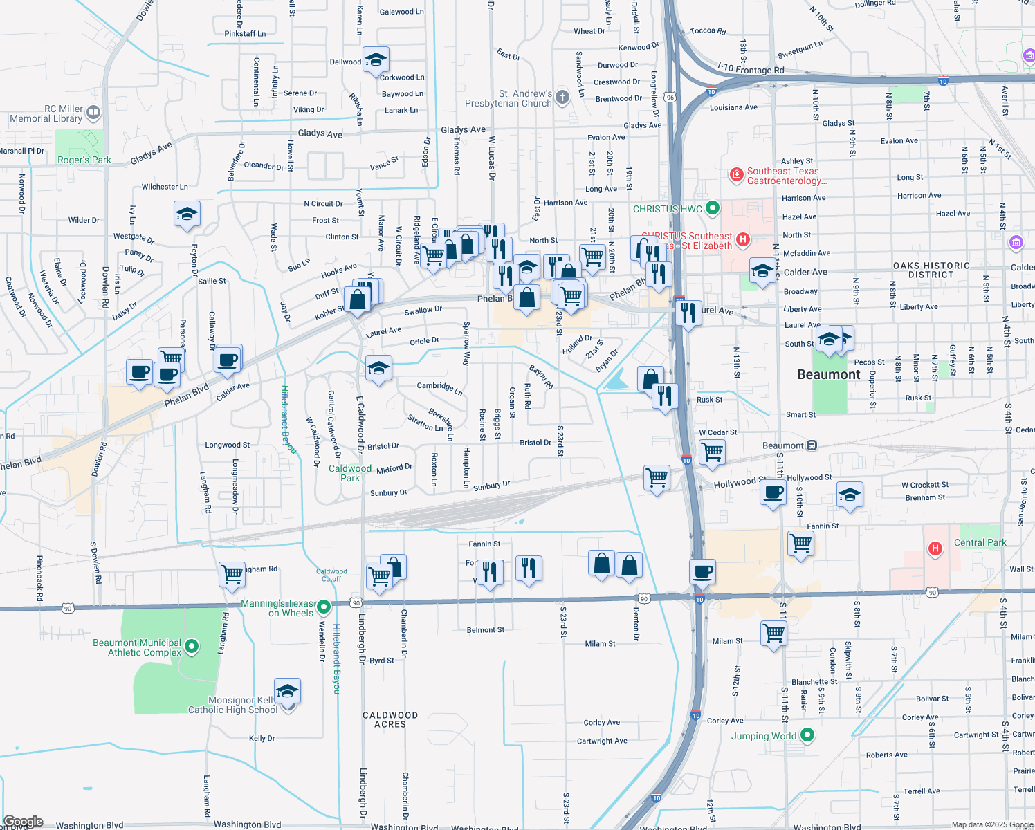map of restaurants, bars, coffee shops, grocery stores, and more near 161 Orgain Street in Beaumont