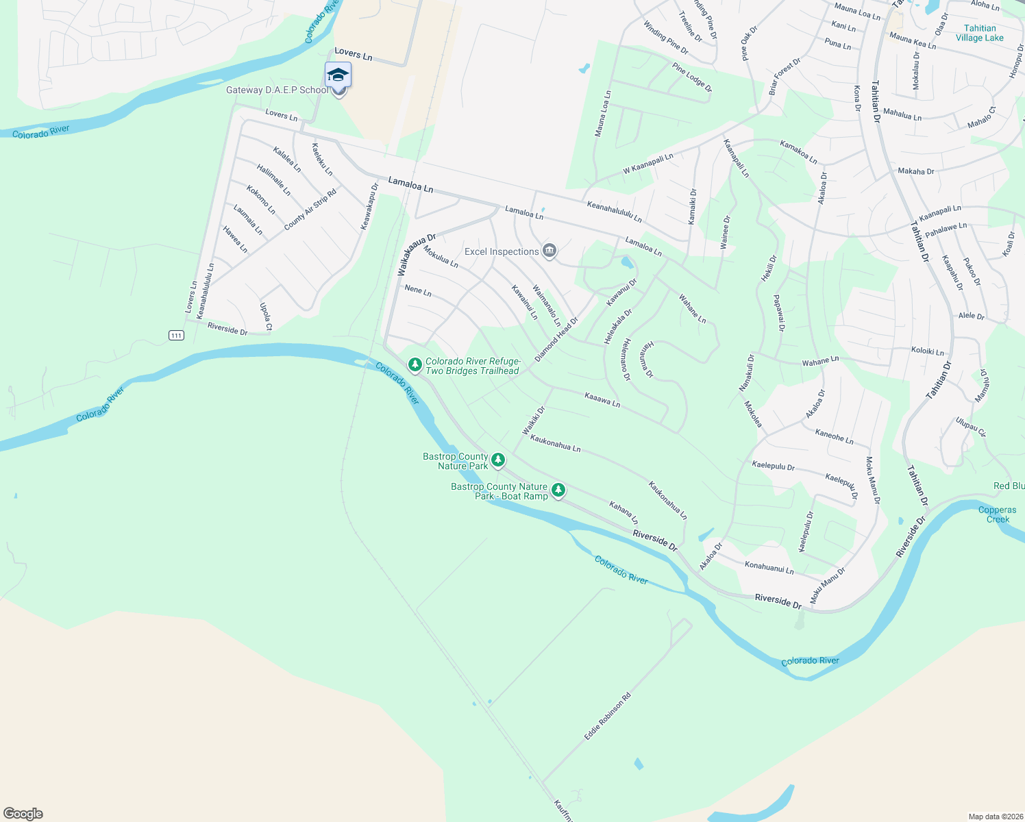 map of restaurants, bars, coffee shops, grocery stores, and more near 117 East Waiehu Lane in Bastrop