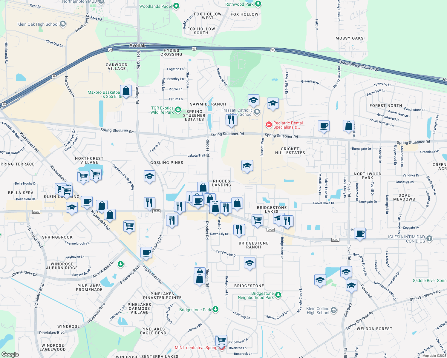 map of restaurants, bars, coffee shops, grocery stores, and more near 4927 Kalithea Court in Spring