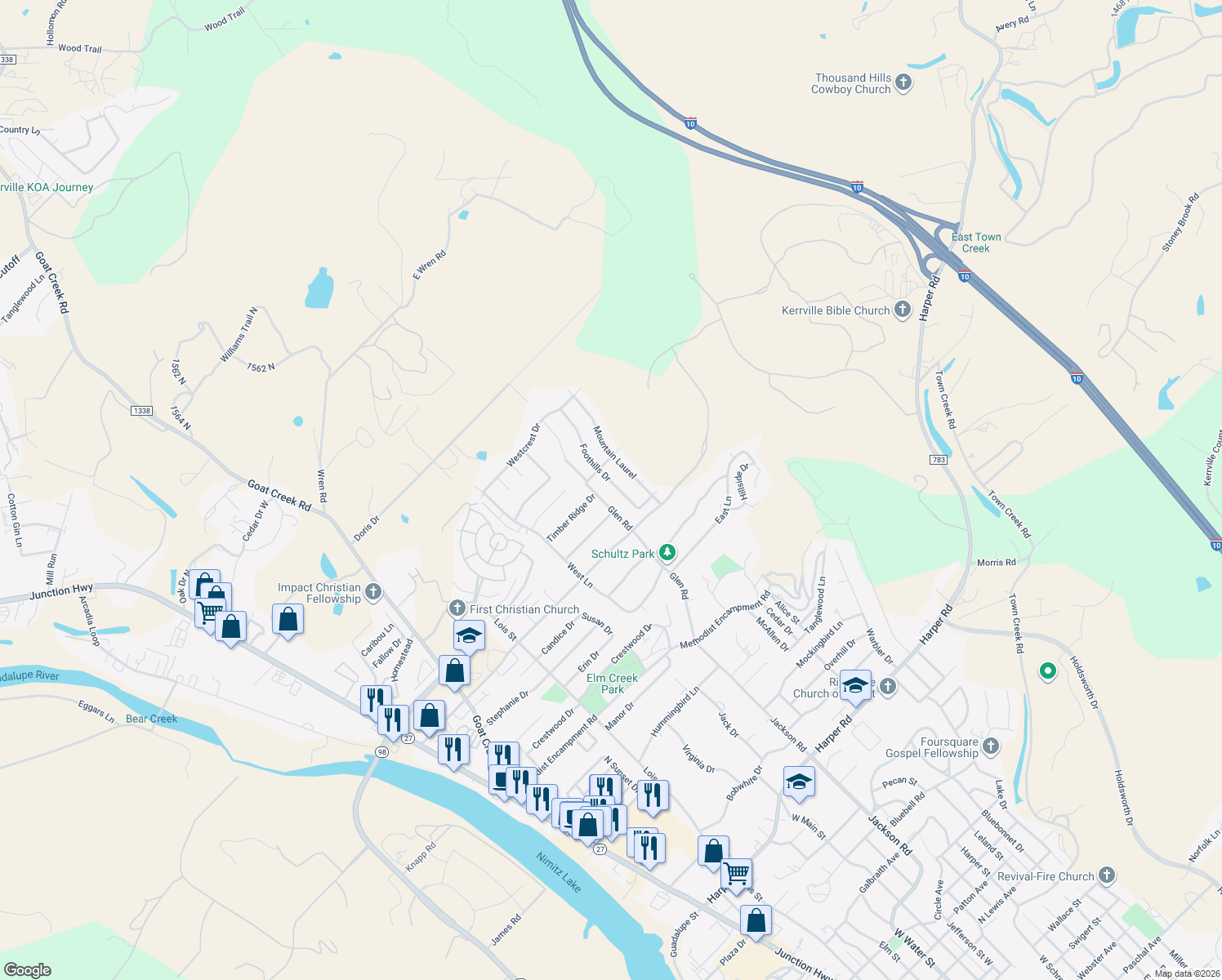 map of restaurants, bars, coffee shops, grocery stores, and more near 1721 Foothills Drive in Kerrville
