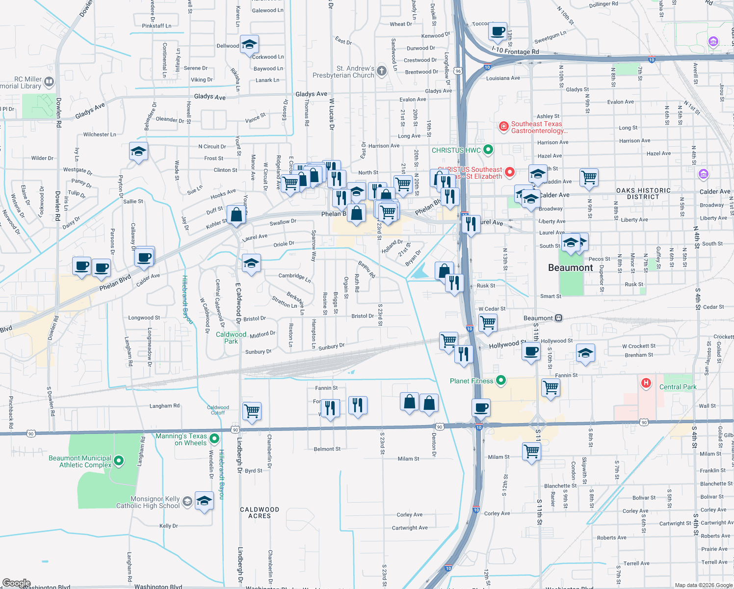 map of restaurants, bars, coffee shops, grocery stores, and more near 3935 Lola Ln in Beaumont