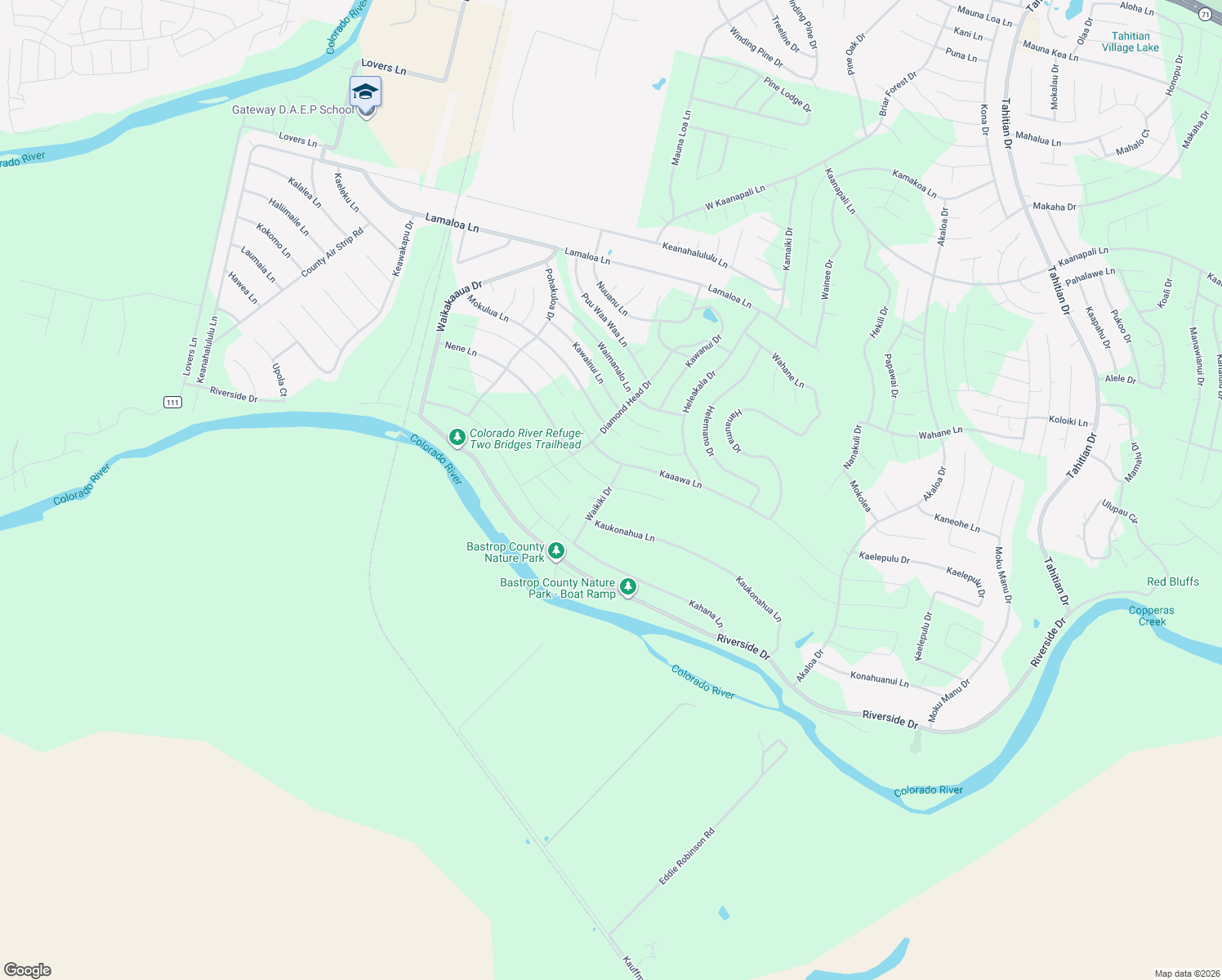 map of restaurants, bars, coffee shops, grocery stores, and more near 119 Waikiki Drive in Bastrop