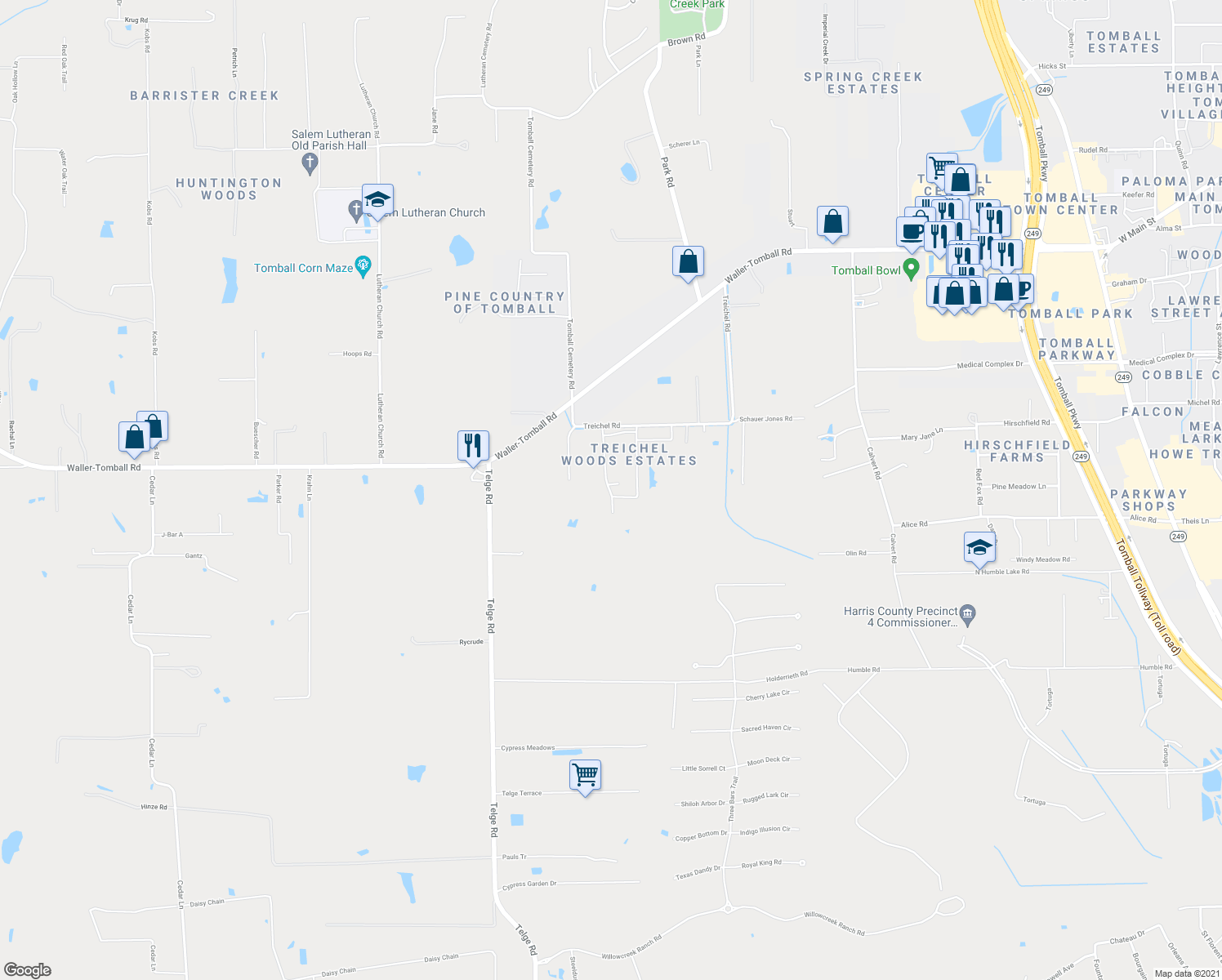 map of restaurants, bars, coffee shops, grocery stores, and more near 21612 West Champagne Circle in Tomball