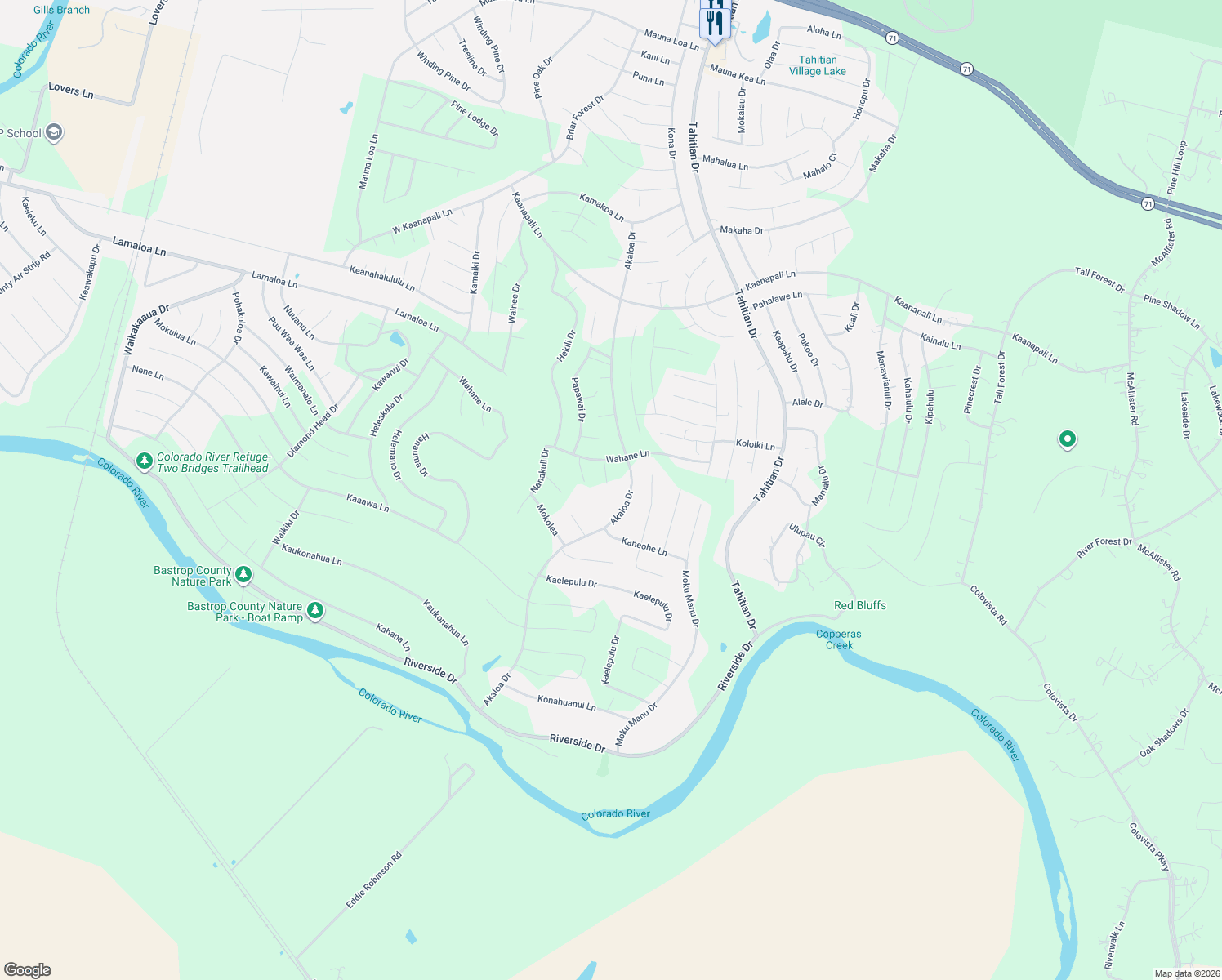 map of restaurants, bars, coffee shops, grocery stores, and more near 117 Keaau Court in Bastrop