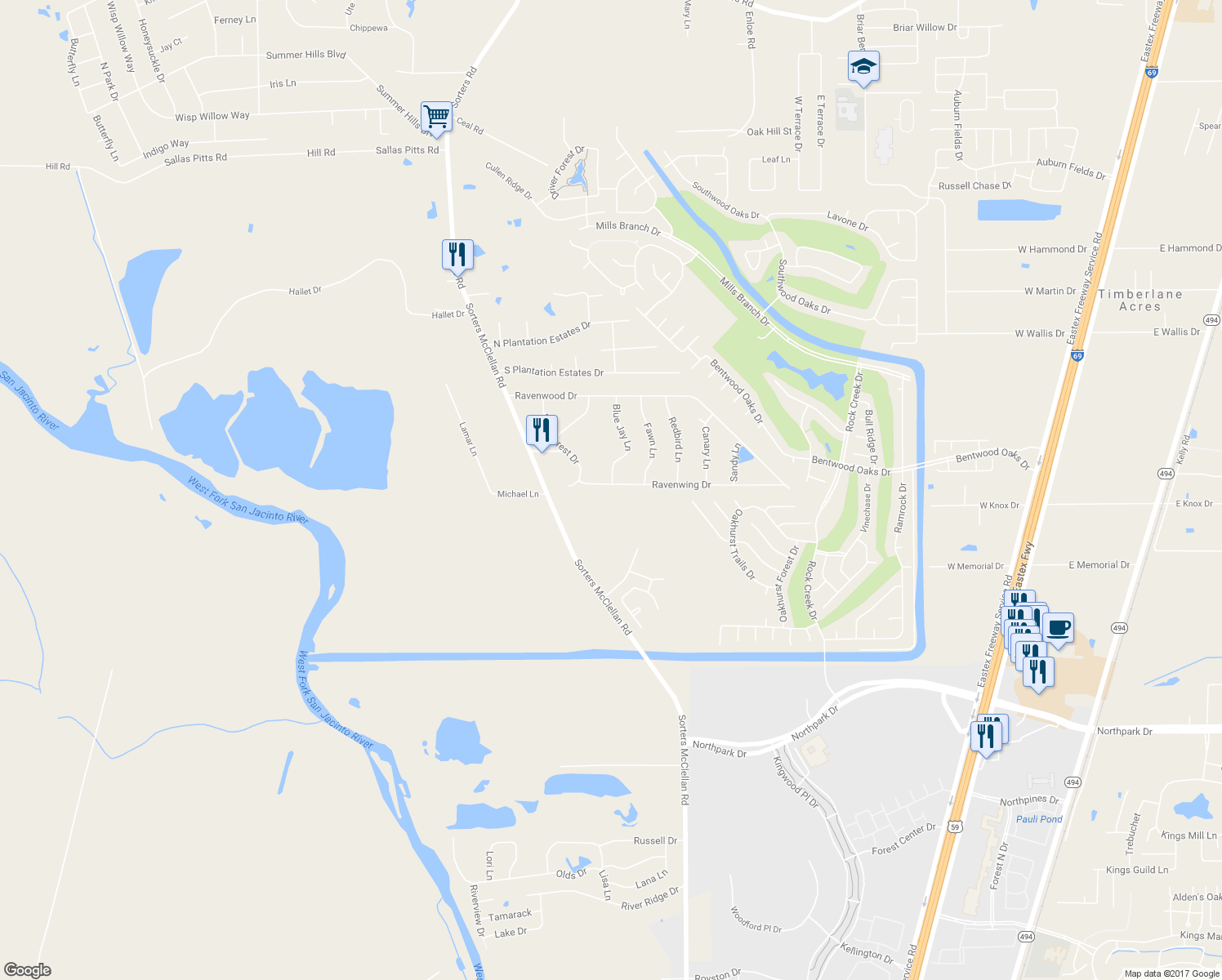 map of restaurants, bars, coffee shops, grocery stores, and more near 20176 Ravenwing Drive in Porter