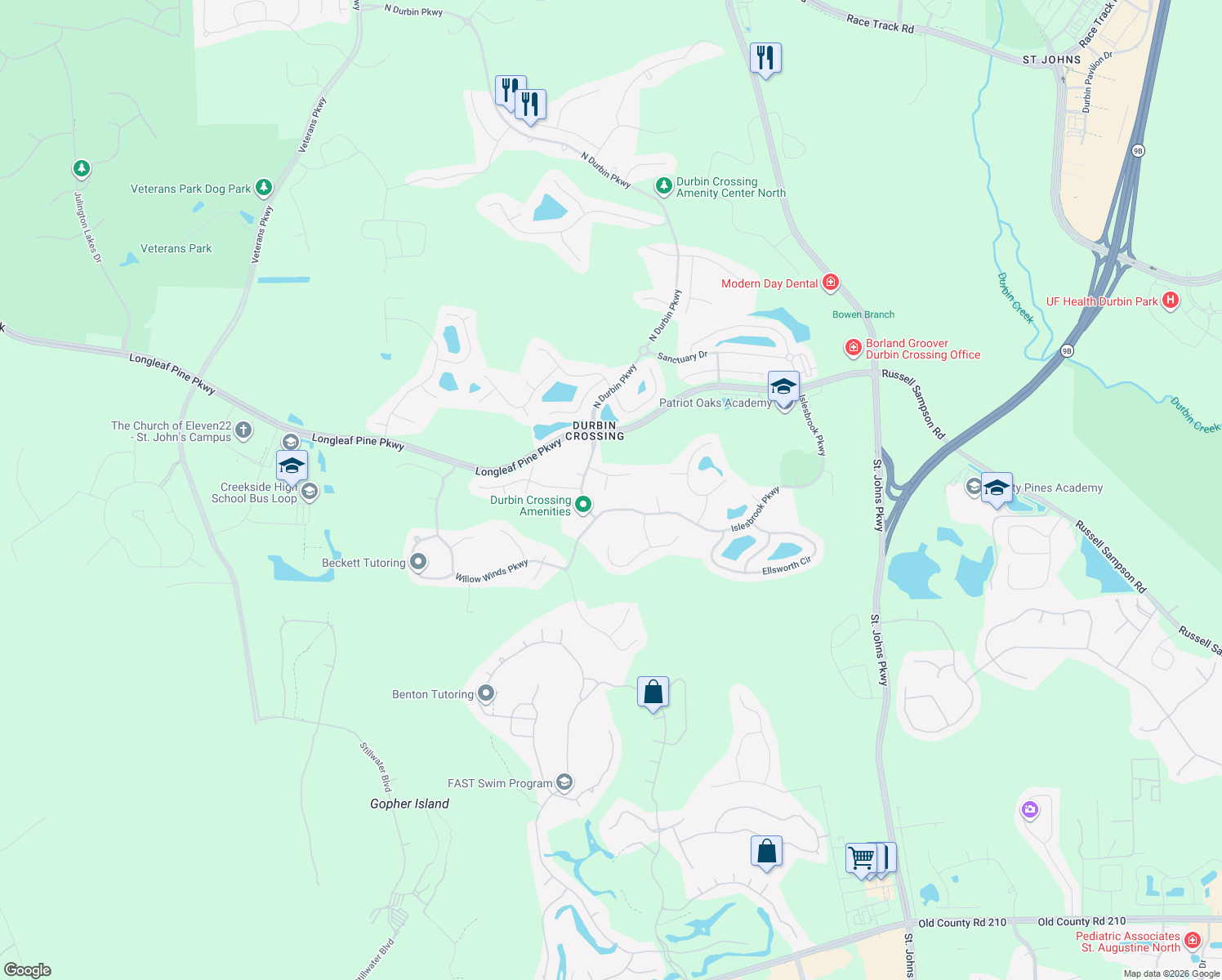 map of restaurants, bars, coffee shops, grocery stores, and more near 208 Berry Farm Lane in Saint Johns