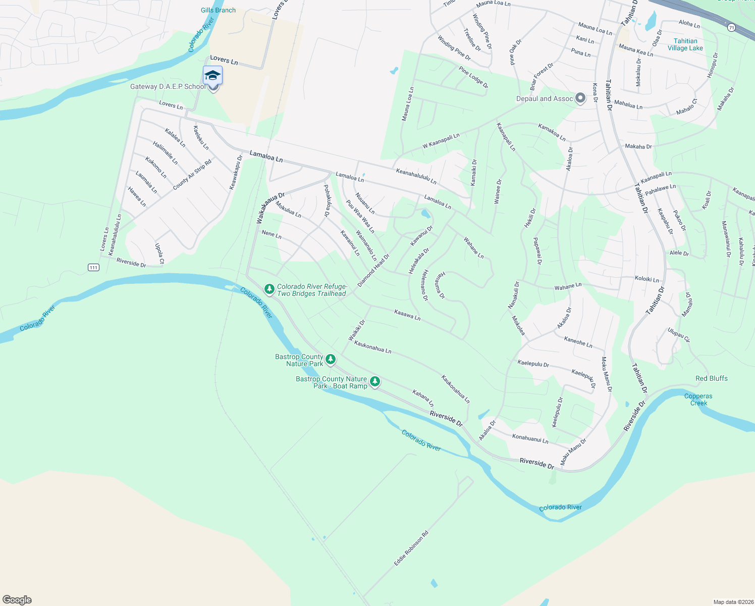 map of restaurants, bars, coffee shops, grocery stores, and more near 254 Kaaawa Lane in Bastrop