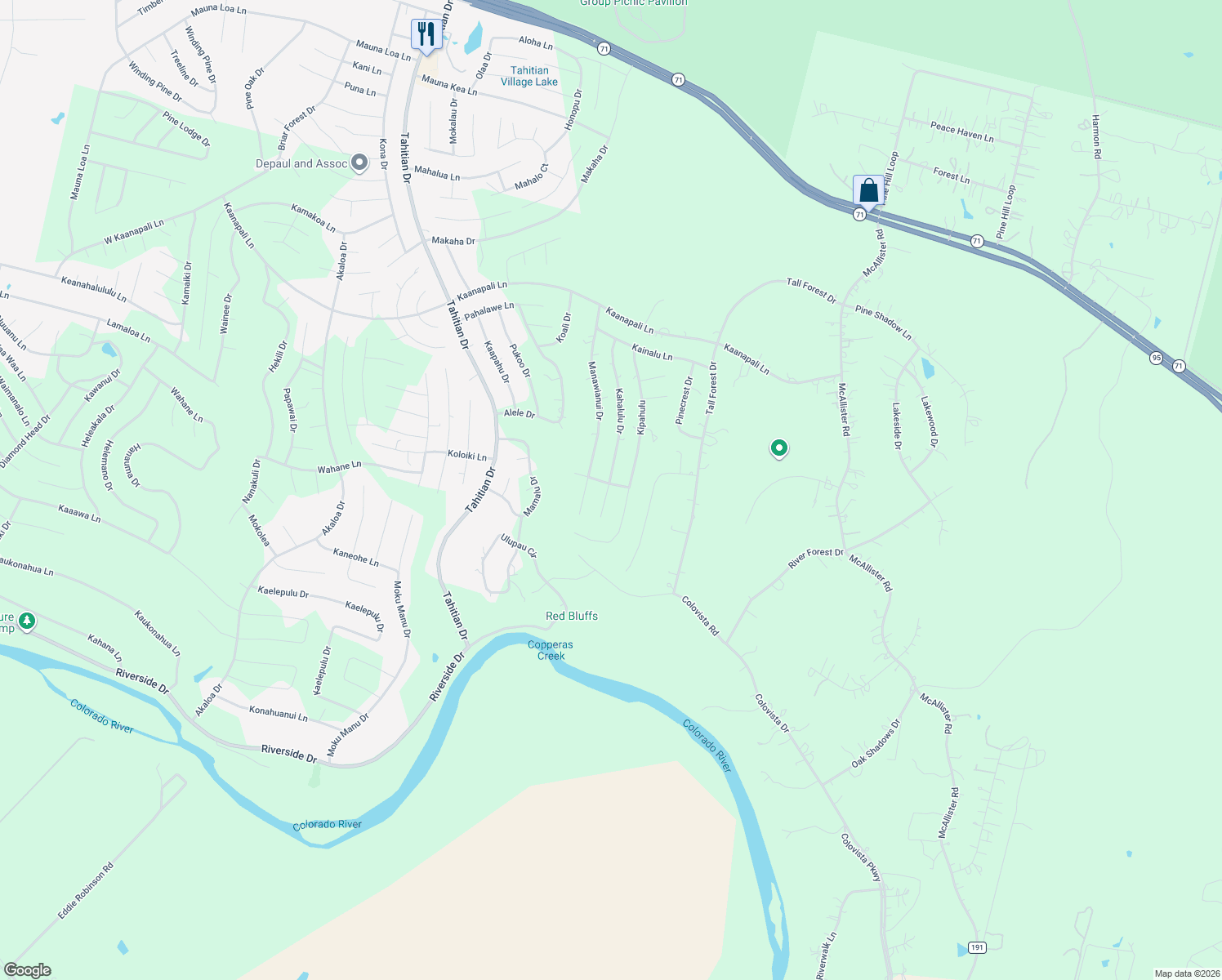 map of restaurants, bars, coffee shops, grocery stores, and more near 117 Nakalele Lane in Bastrop