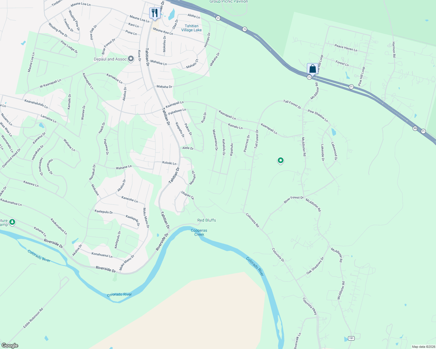 map of restaurants, bars, coffee shops, grocery stores, and more near 117 Nakalele Lane in Bastrop
