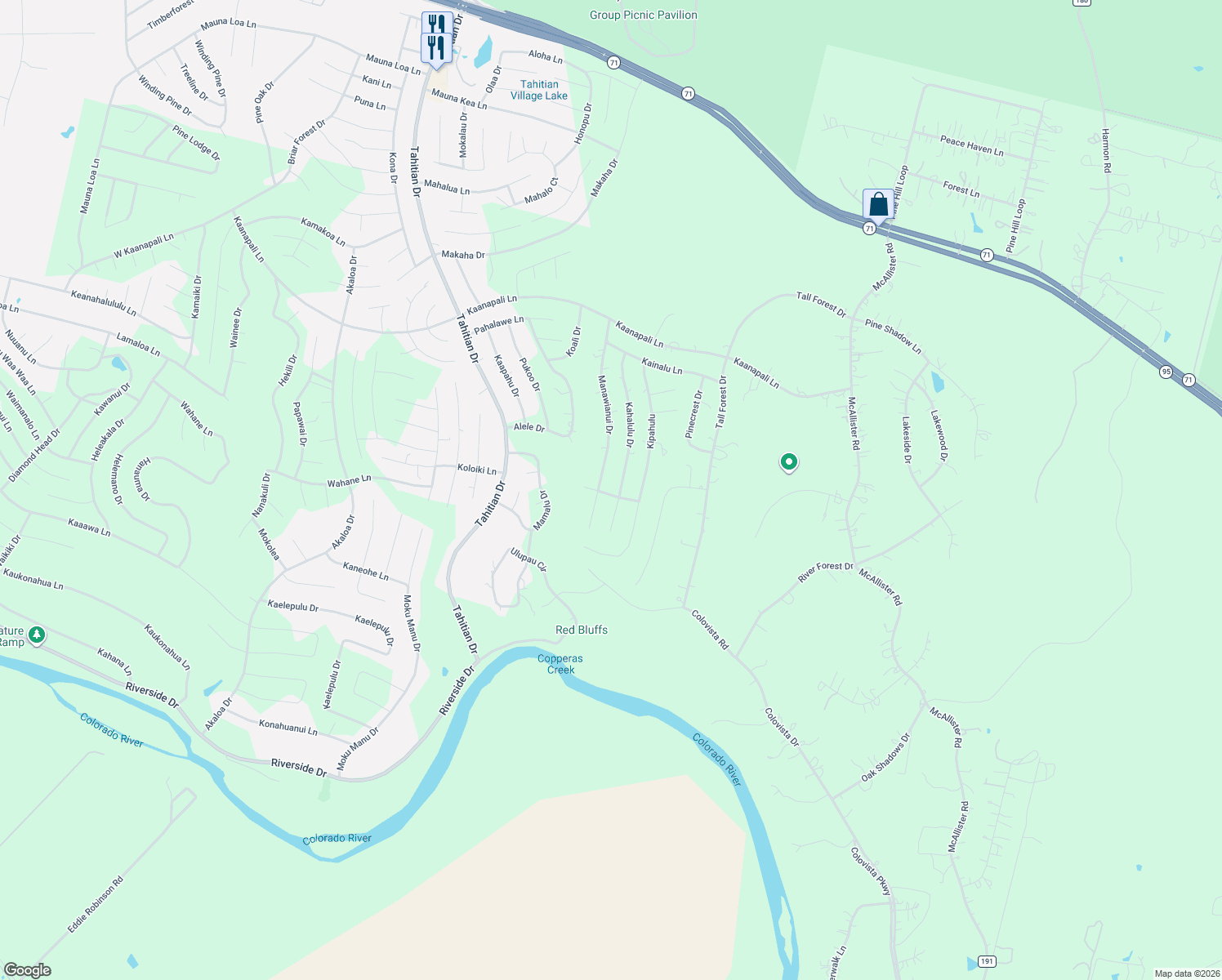 map of restaurants, bars, coffee shops, grocery stores, and more near 194 Manawianui Drive in Bastrop