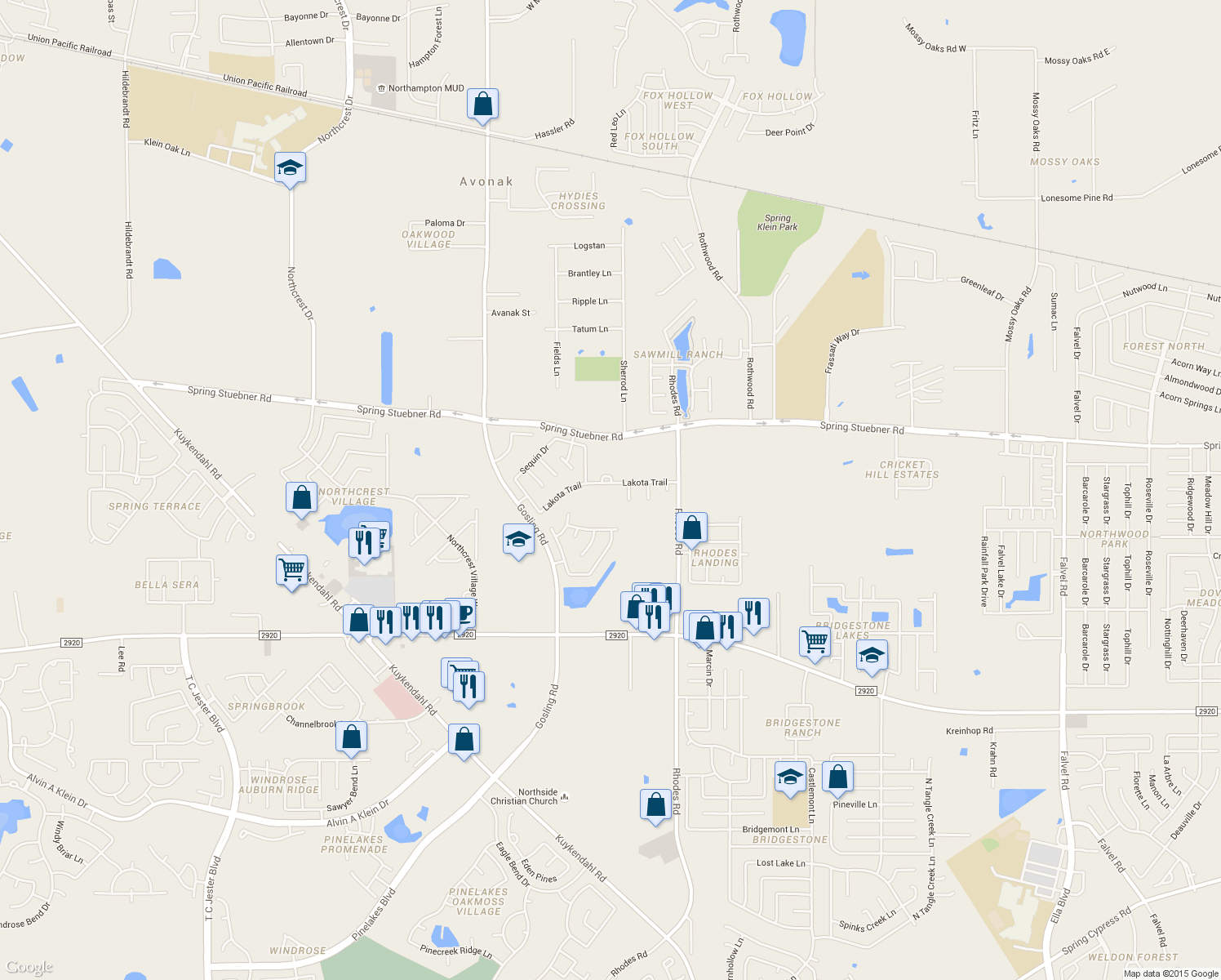 map of restaurants, bars, coffee shops, grocery stores, and more near 5303 Lakota Trail in Spring