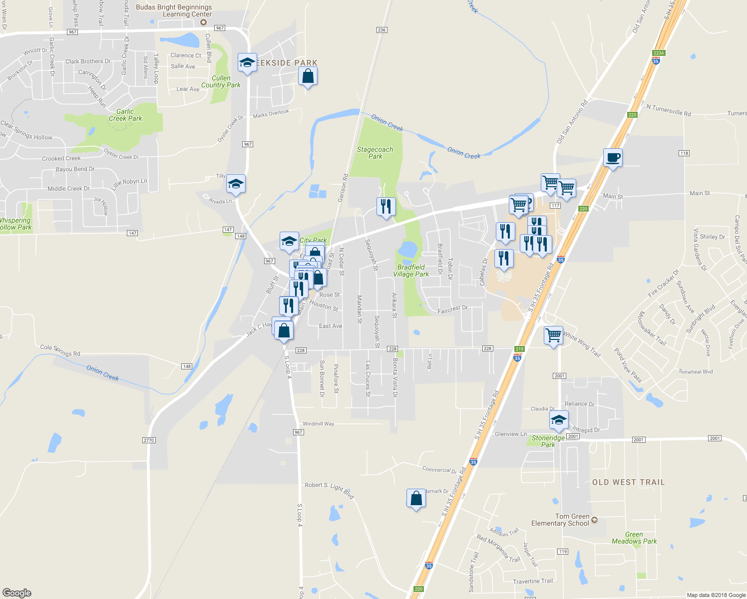 map of restaurants, bars, coffee shops, grocery stores, and more near 104 Sequoyah Street in Buda