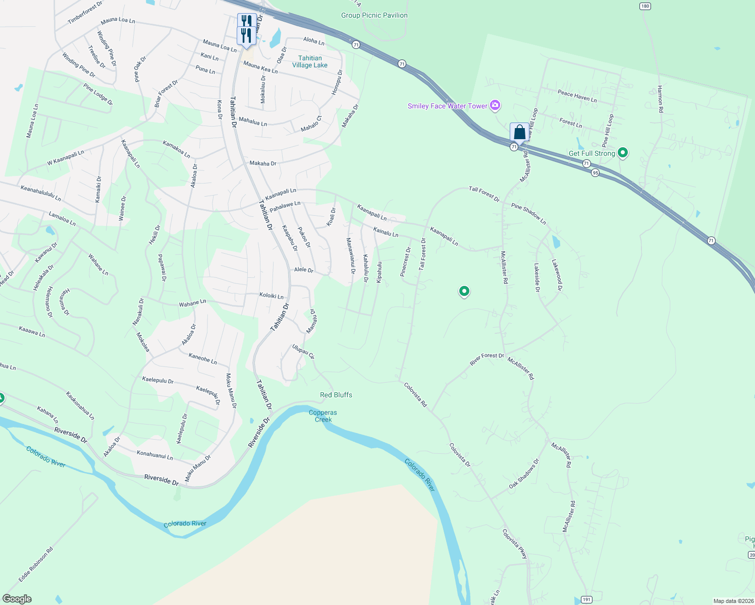 map of restaurants, bars, coffee shops, grocery stores, and more near 172 Kipahulu in Bastrop