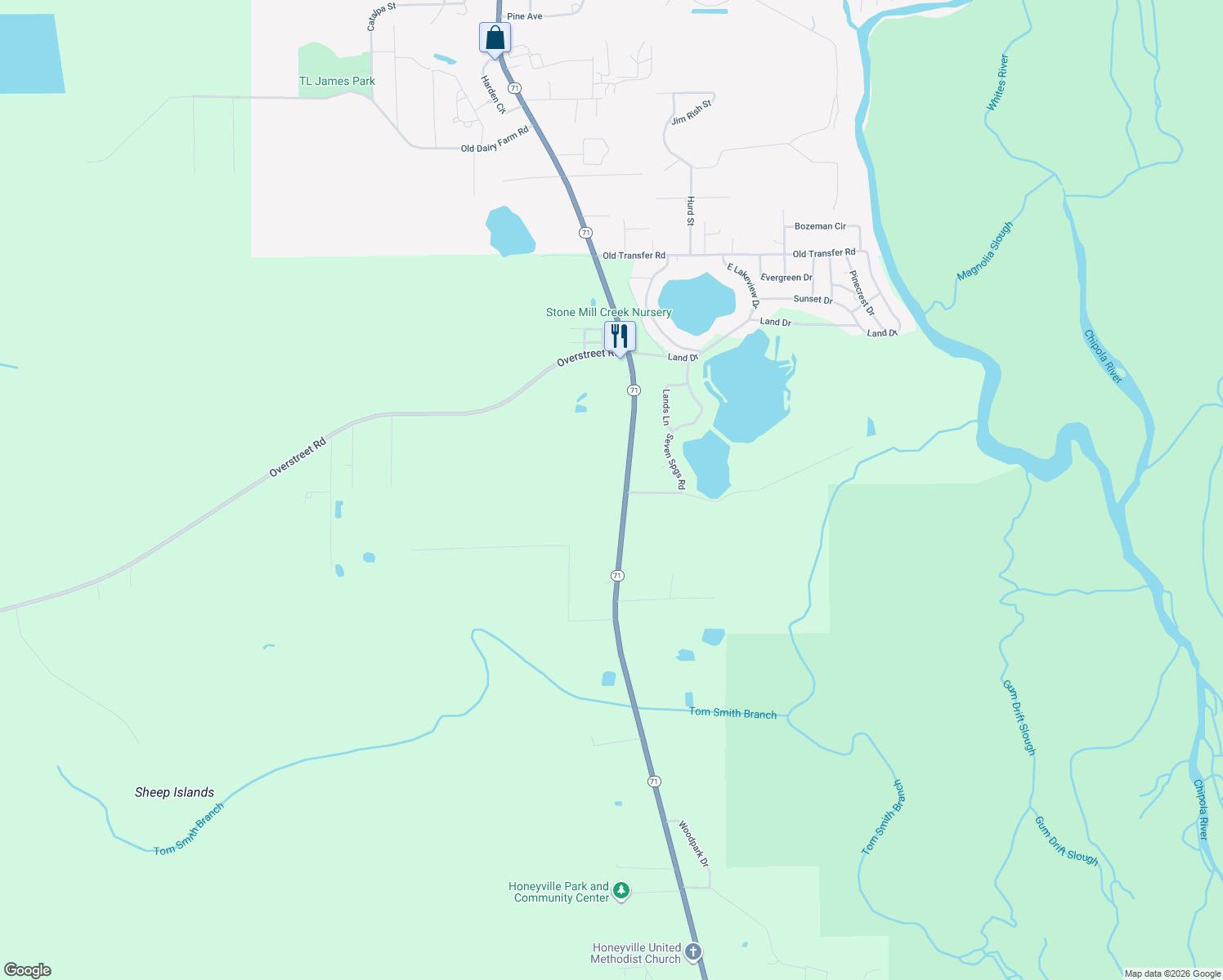 map of restaurants, bars, coffee shops, grocery stores, and more near 2881 Florida 71 in Wewahitchka
