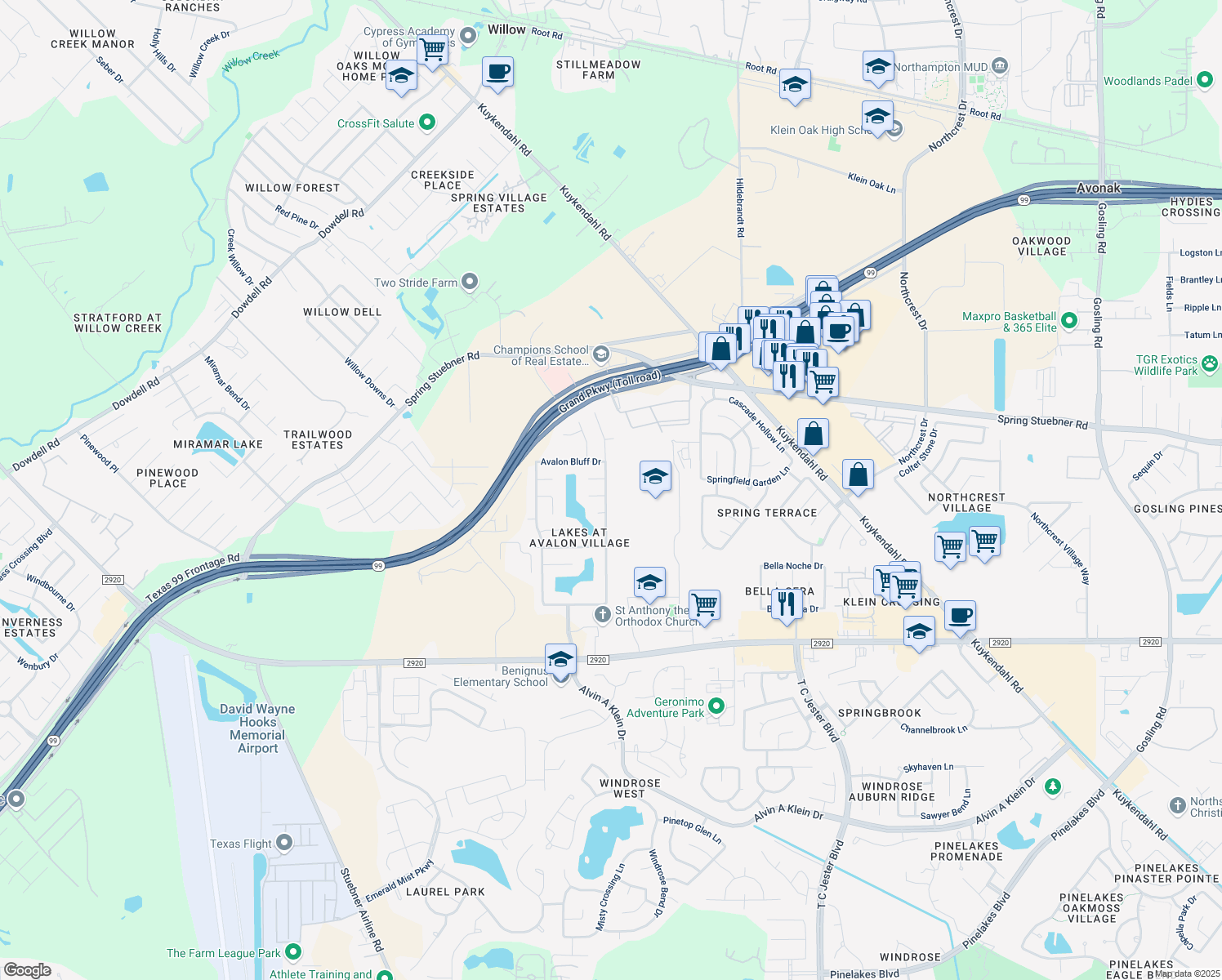 map of restaurants, bars, coffee shops, grocery stores, and more near 21726 Avalon Queen Drive in Spring
