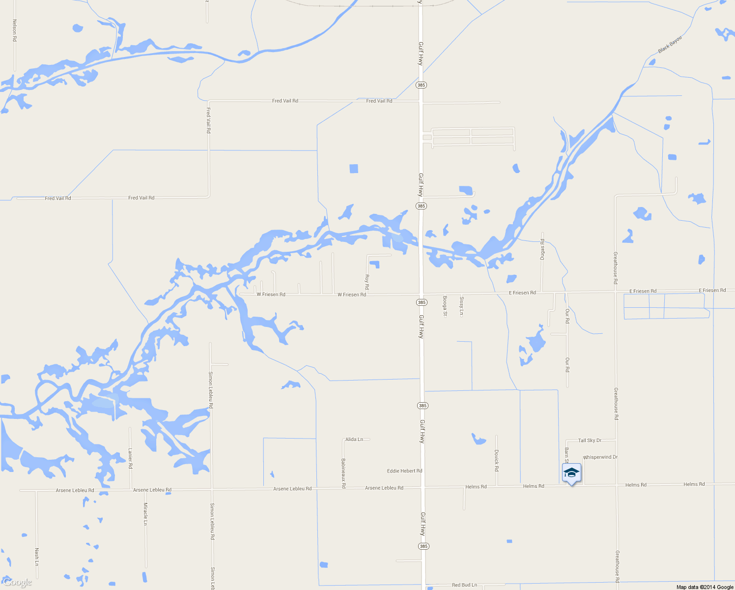 map of restaurants, bars, coffee shops, grocery stores, and more near 623 W Friesen Rd in Lake Charles