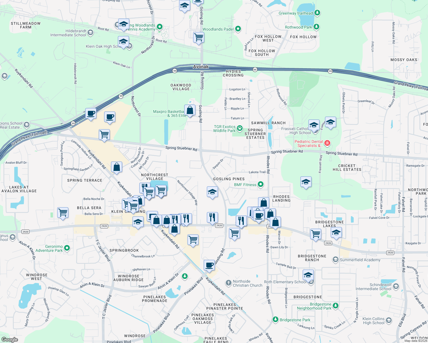 map of restaurants, bars, coffee shops, grocery stores, and more near 21750 Debray Drive in Spring