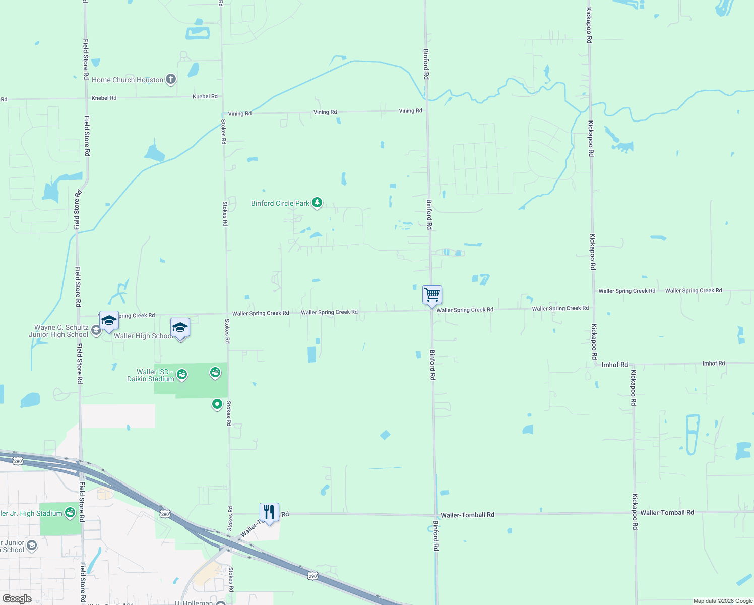 map of restaurants, bars, coffee shops, grocery stores, and more near 30142 Waller Spring Creek Road in Waller