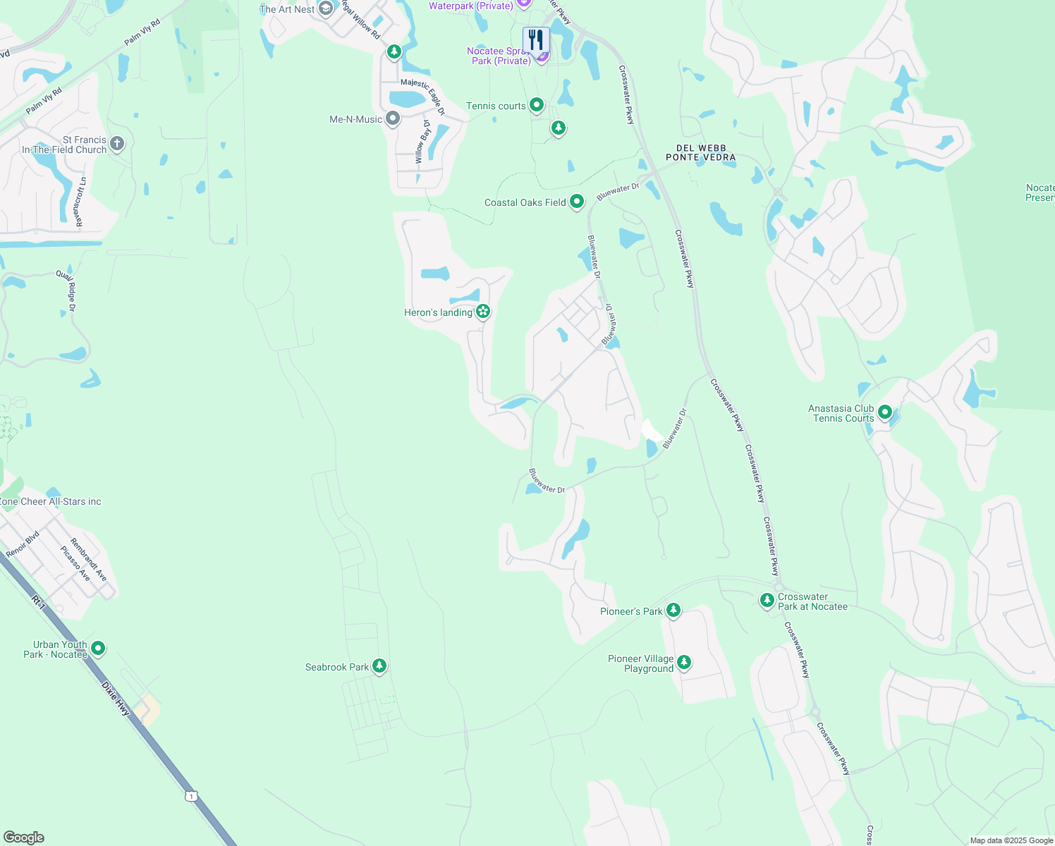 map of restaurants, bars, coffee shops, grocery stores, and more near 106 Topsail Drive in Ponte Vedra Beach