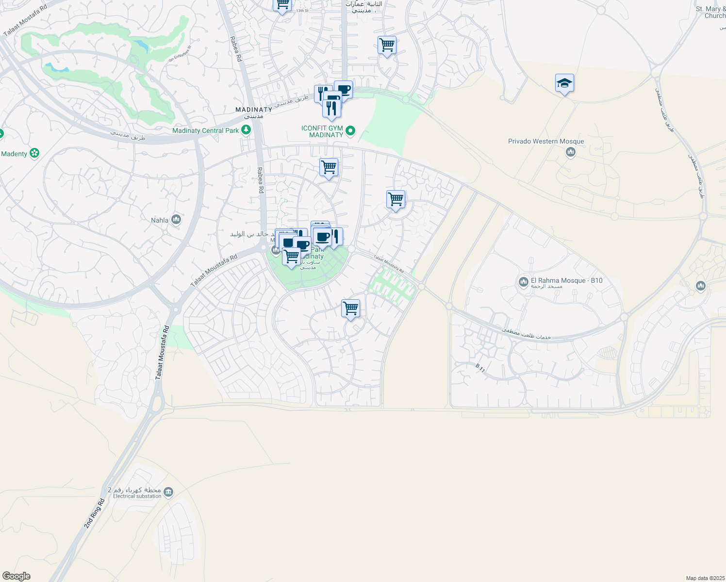 map of restaurants, bars, coffee shops, grocery stores, and more near in Second New Cairo