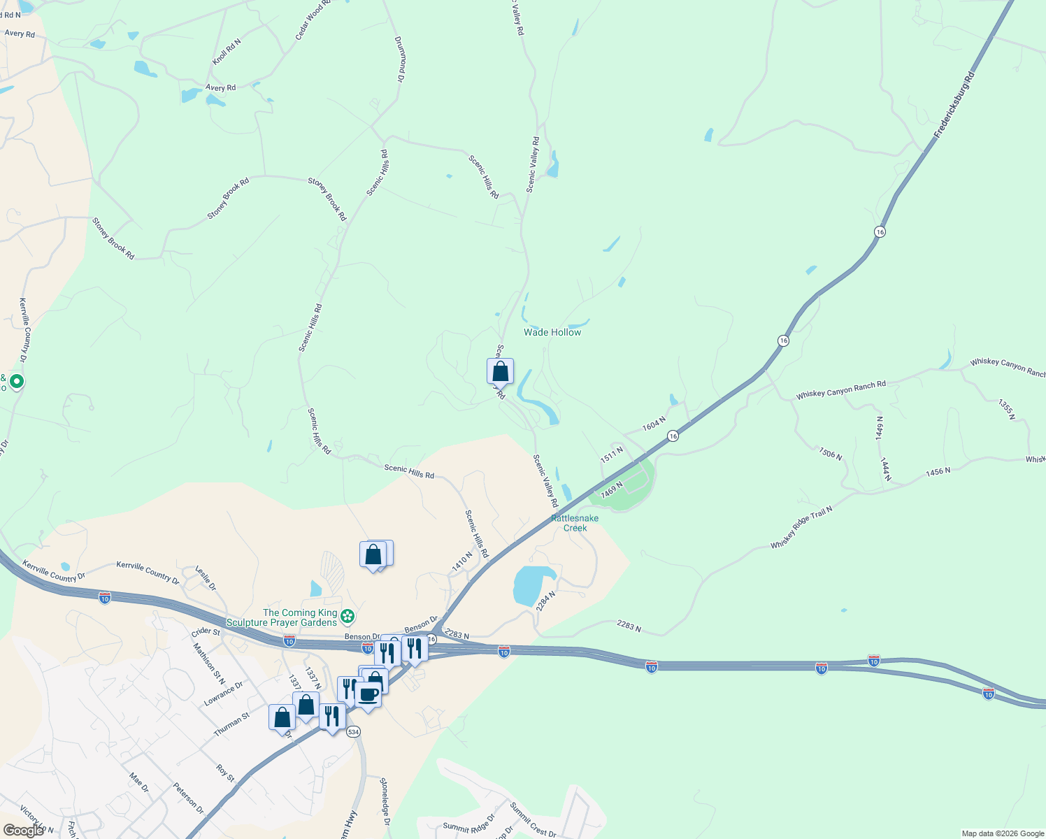 map of restaurants, bars, coffee shops, grocery stores, and more near 3 1423 North in Kerrville
