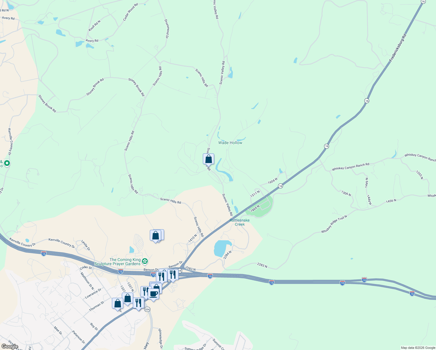 map of restaurants, bars, coffee shops, grocery stores, and more near 3 1423 North in Kerrville