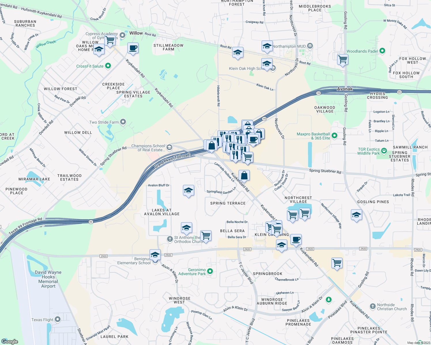 map of restaurants, bars, coffee shops, grocery stores, and more near 21911 Blossom Grove Lane in Spring