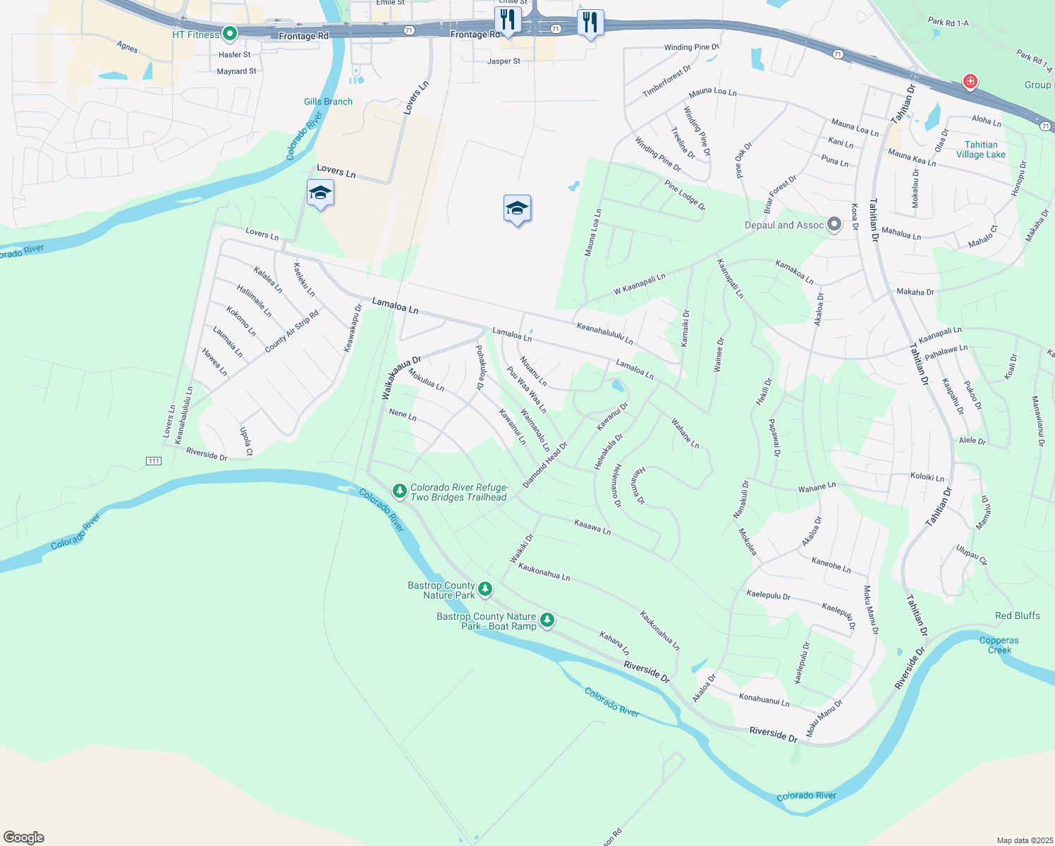 map of restaurants, bars, coffee shops, grocery stores, and more near 149 Waimanalo Lane in Bastrop