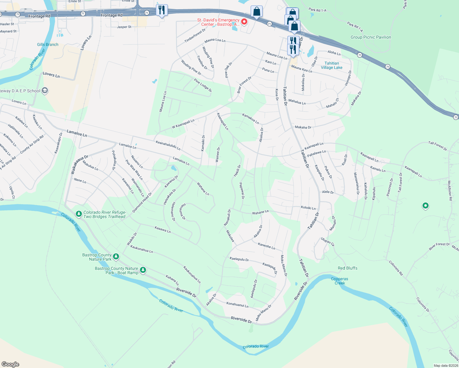 map of restaurants, bars, coffee shops, grocery stores, and more near 183 Hekili Drive in Bastrop