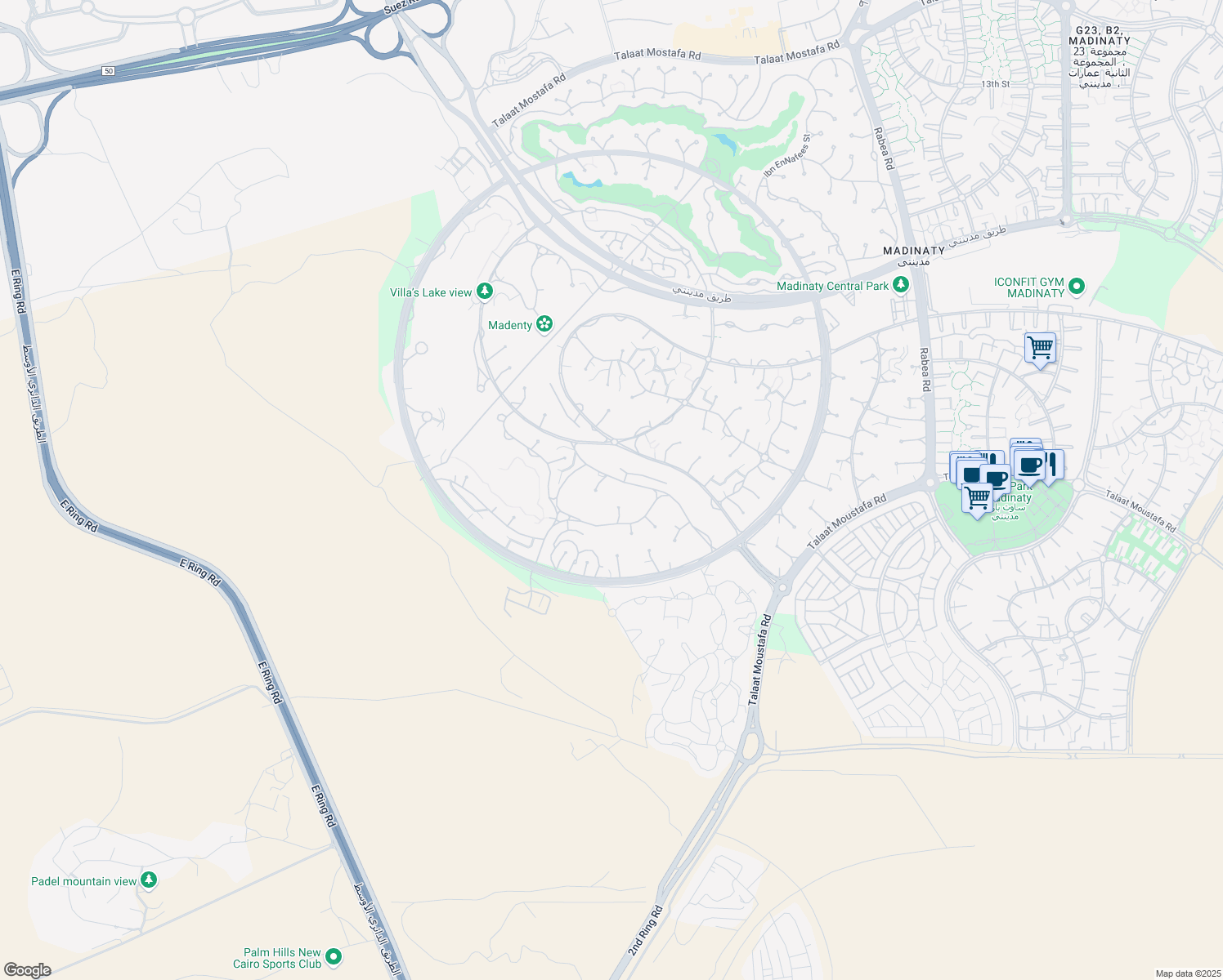 map of restaurants, bars, coffee shops, grocery stores, and more near in Second New Cairo
