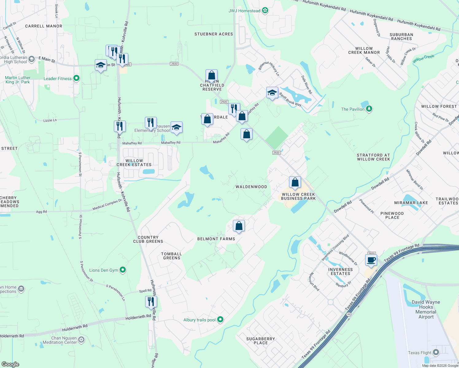 map of restaurants, bars, coffee shops, grocery stores, and more near 29710 Running Deer Lane in Tomball