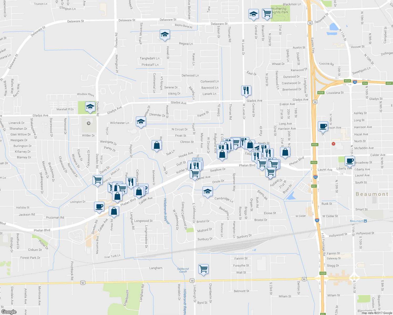 map of restaurants, bars, coffee shops, grocery stores, and more near 525 Yount St in Beaumont