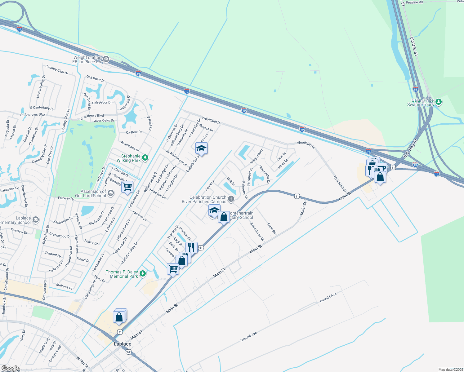 map of restaurants, bars, coffee shops, grocery stores, and more near 110 Gail Drive in LaPlace