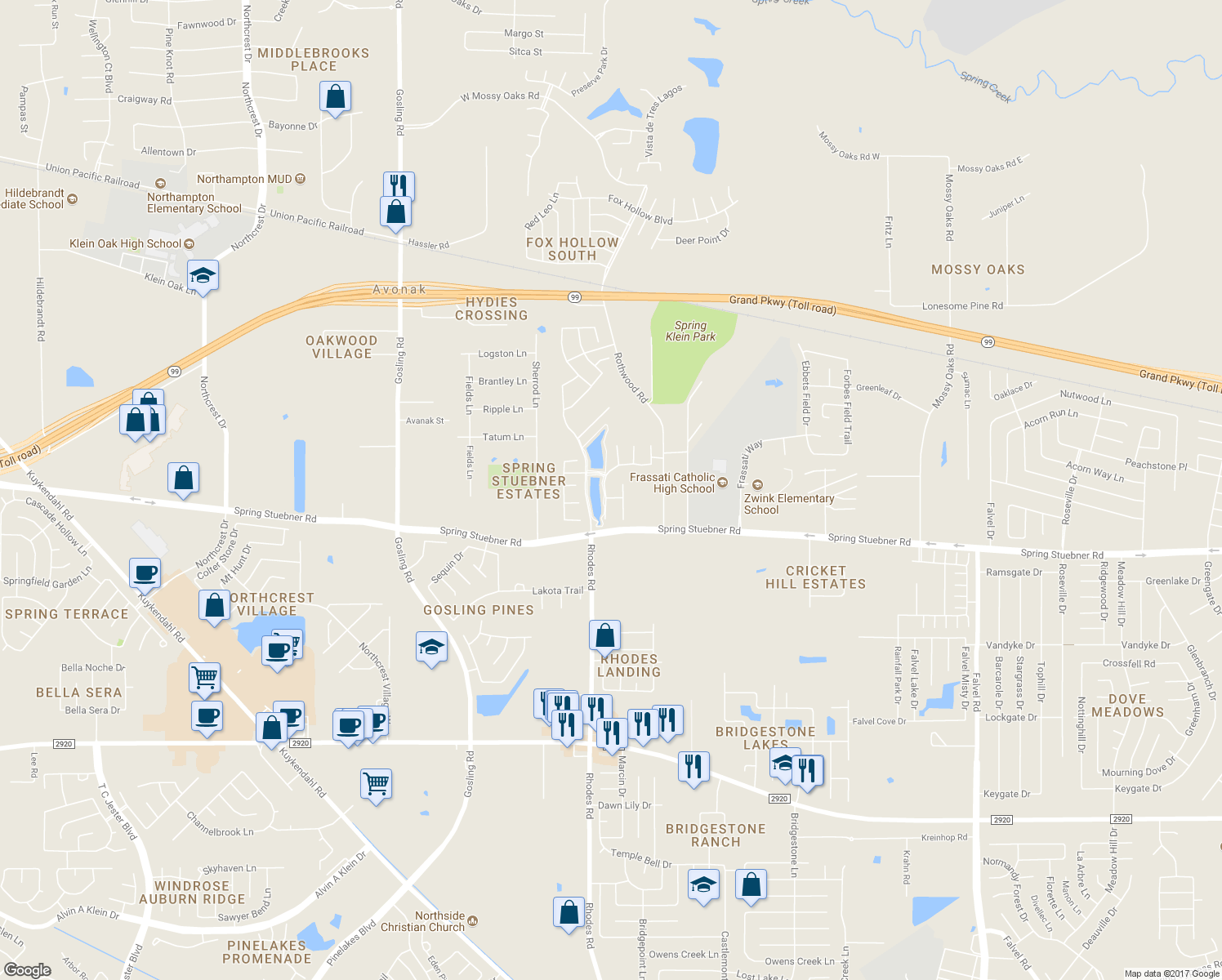 map of restaurants, bars, coffee shops, grocery stores, and more near 22106 Meandering Springs Drive in Spring
