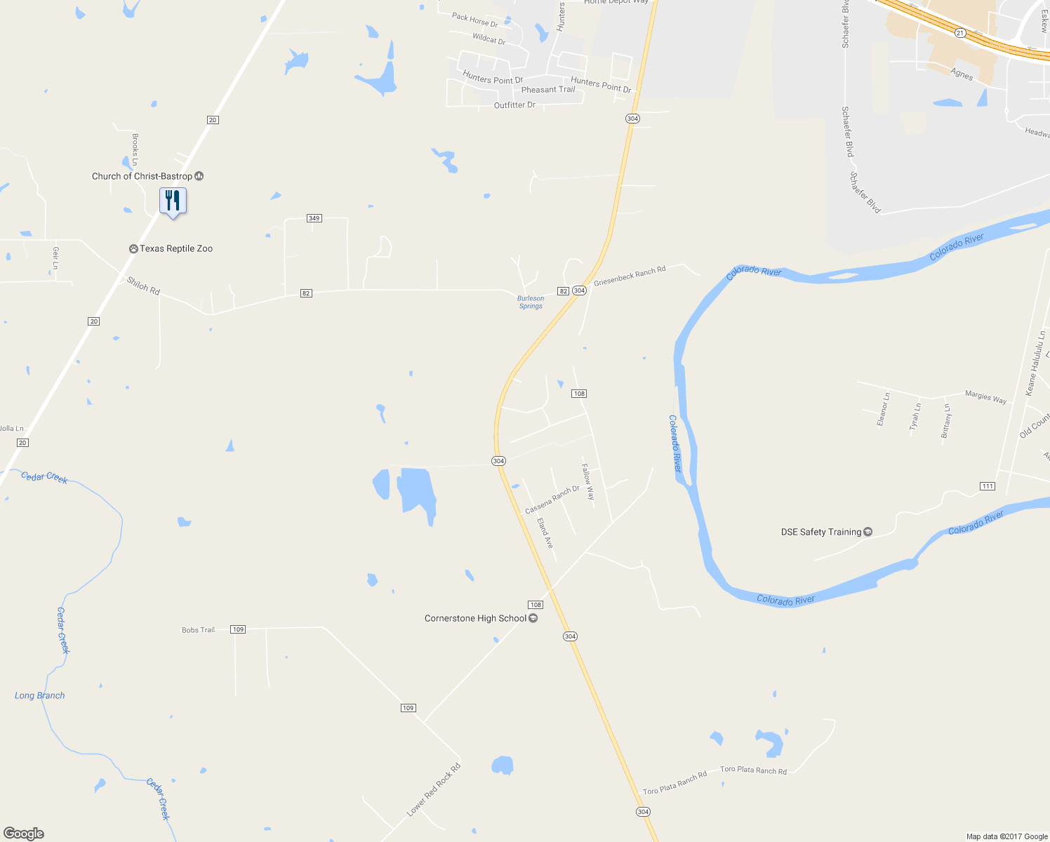 map of restaurants, bars, coffee shops, grocery stores, and more near 115 Spring Branch in Bastrop