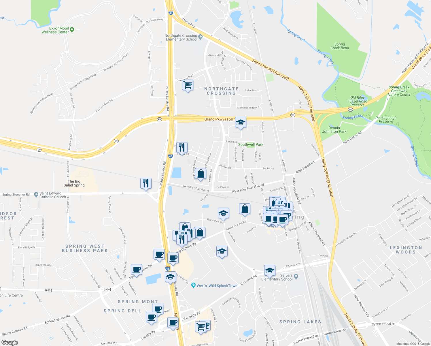 map of restaurants, bars, coffee shops, grocery stores, and more near 26412 Northgate Crossing Boulevard in Spring