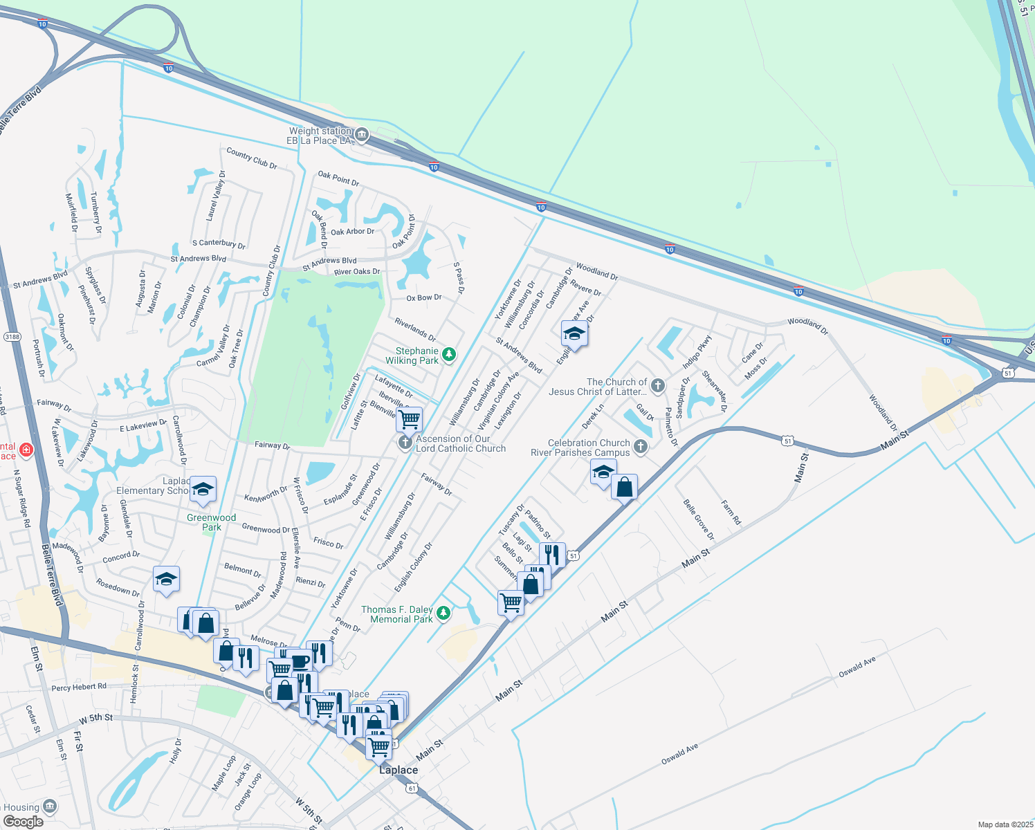 map of restaurants, bars, coffee shops, grocery stores, and more near 2601 English Colony Drive in LaPlace