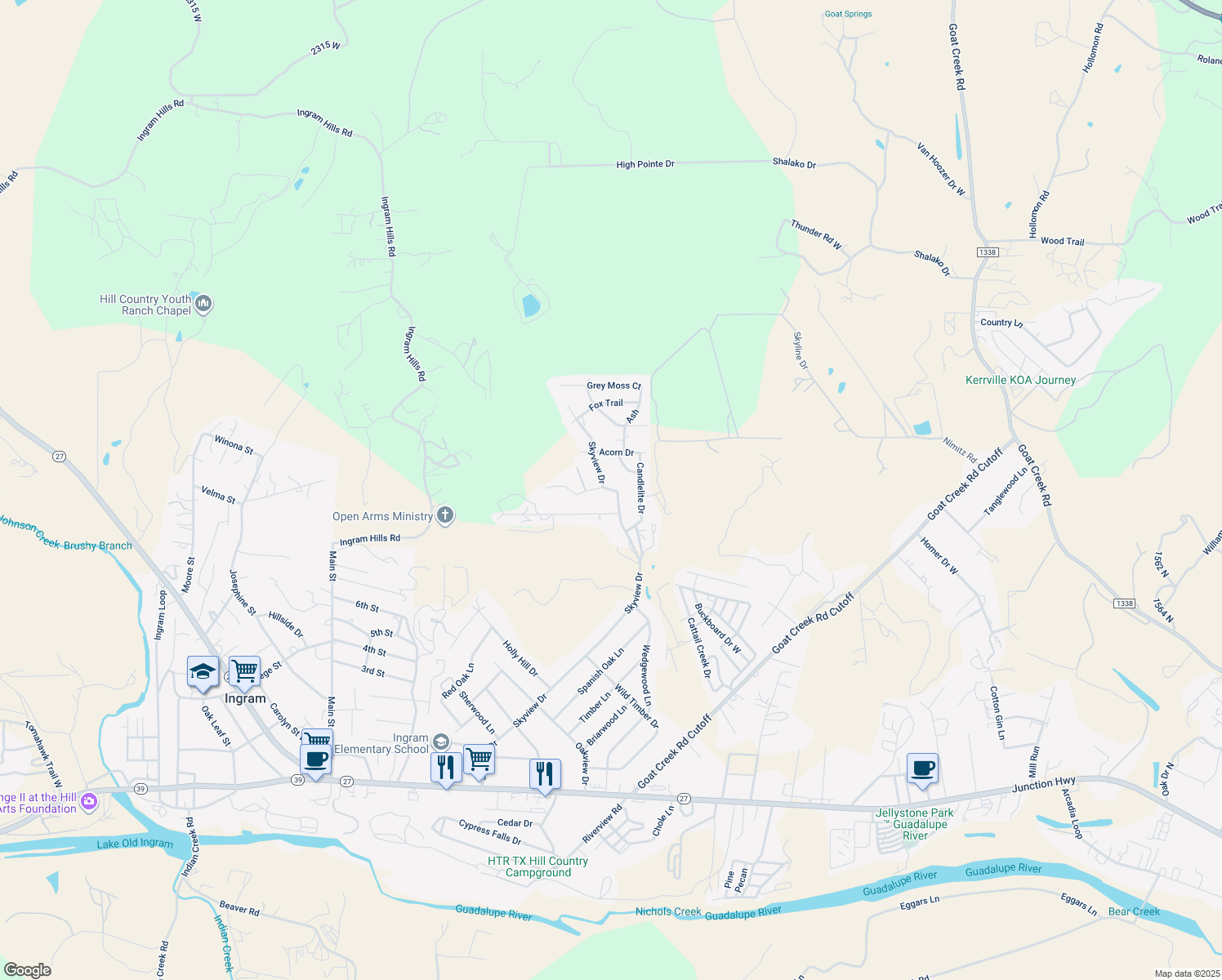 map of restaurants, bars, coffee shops, grocery stores, and more near 331 Skyview Drive in Ingram