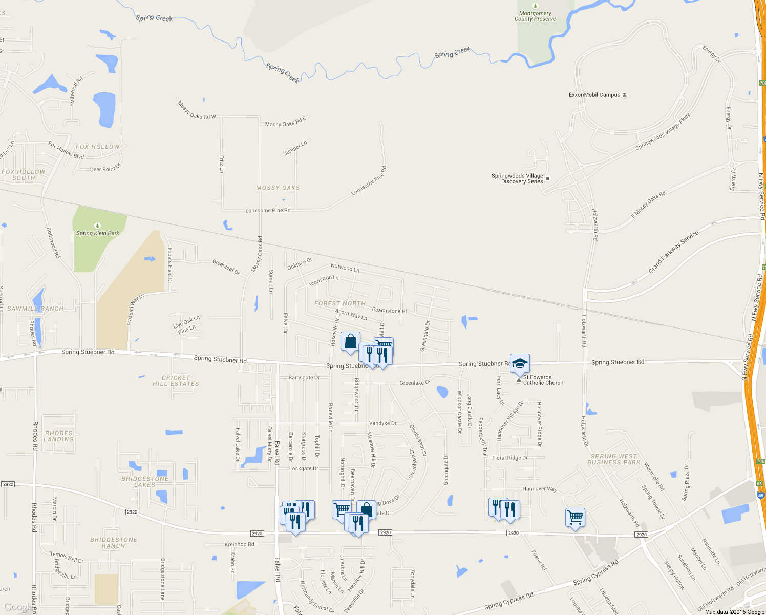 map of restaurants, bars, coffee shops, grocery stores, and more near 3338 Peachstone Place in Spring