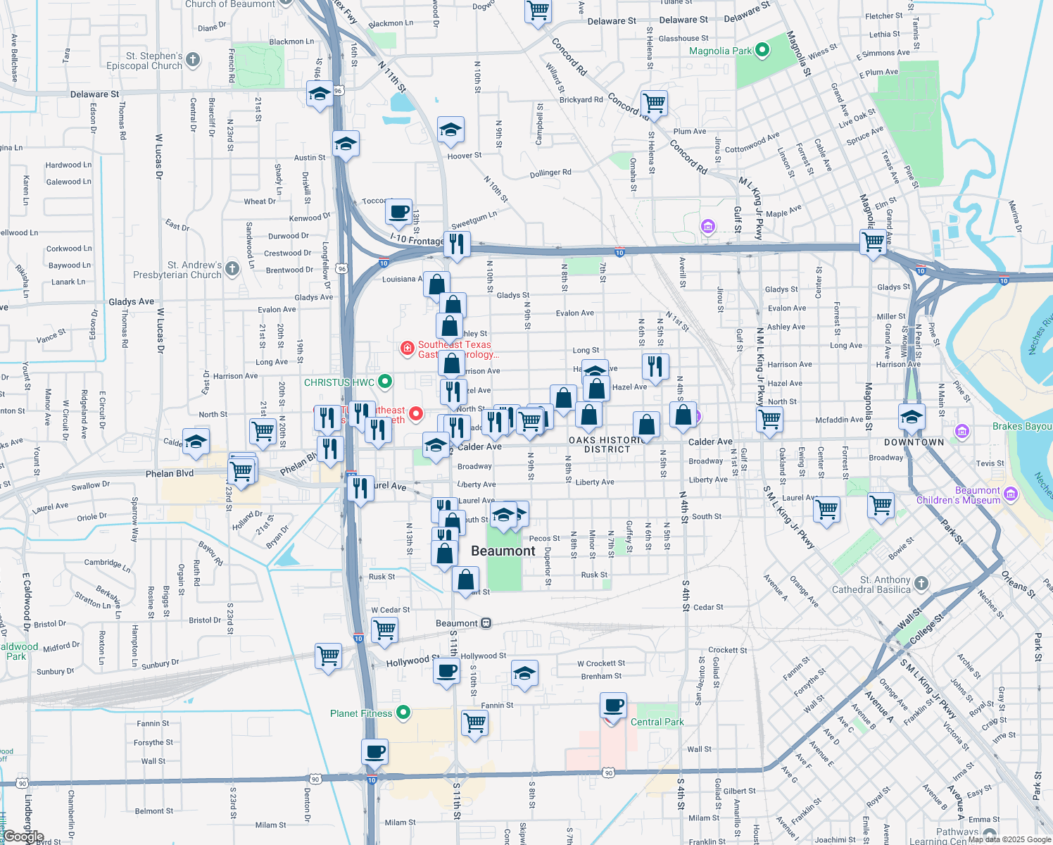 map of restaurants, bars, coffee shops, grocery stores, and more near 2508 Mcfaddin Avenue in Beaumont