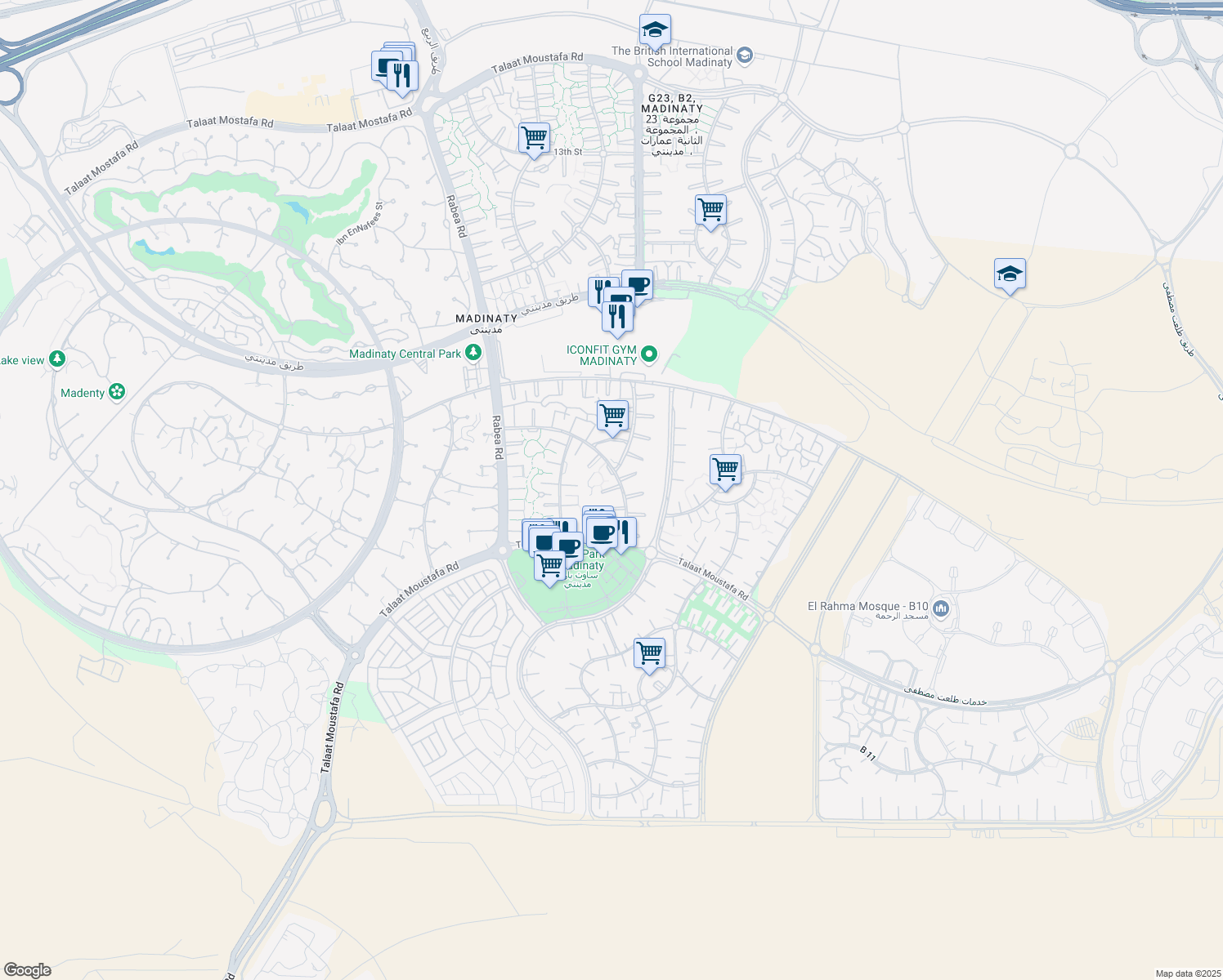map of restaurants, bars, coffee shops, grocery stores, and more near in Second New Cairo