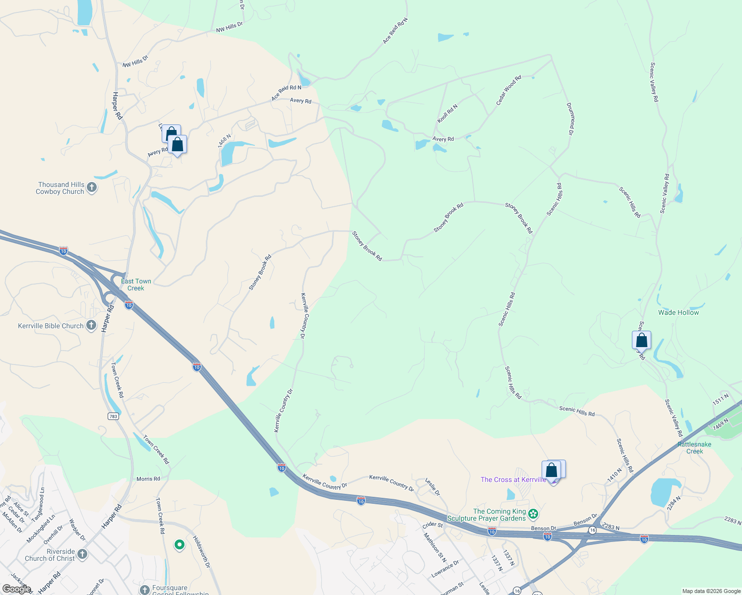 map of restaurants, bars, coffee shops, grocery stores, and more near 175 Limestone Ridge in Kerrville
