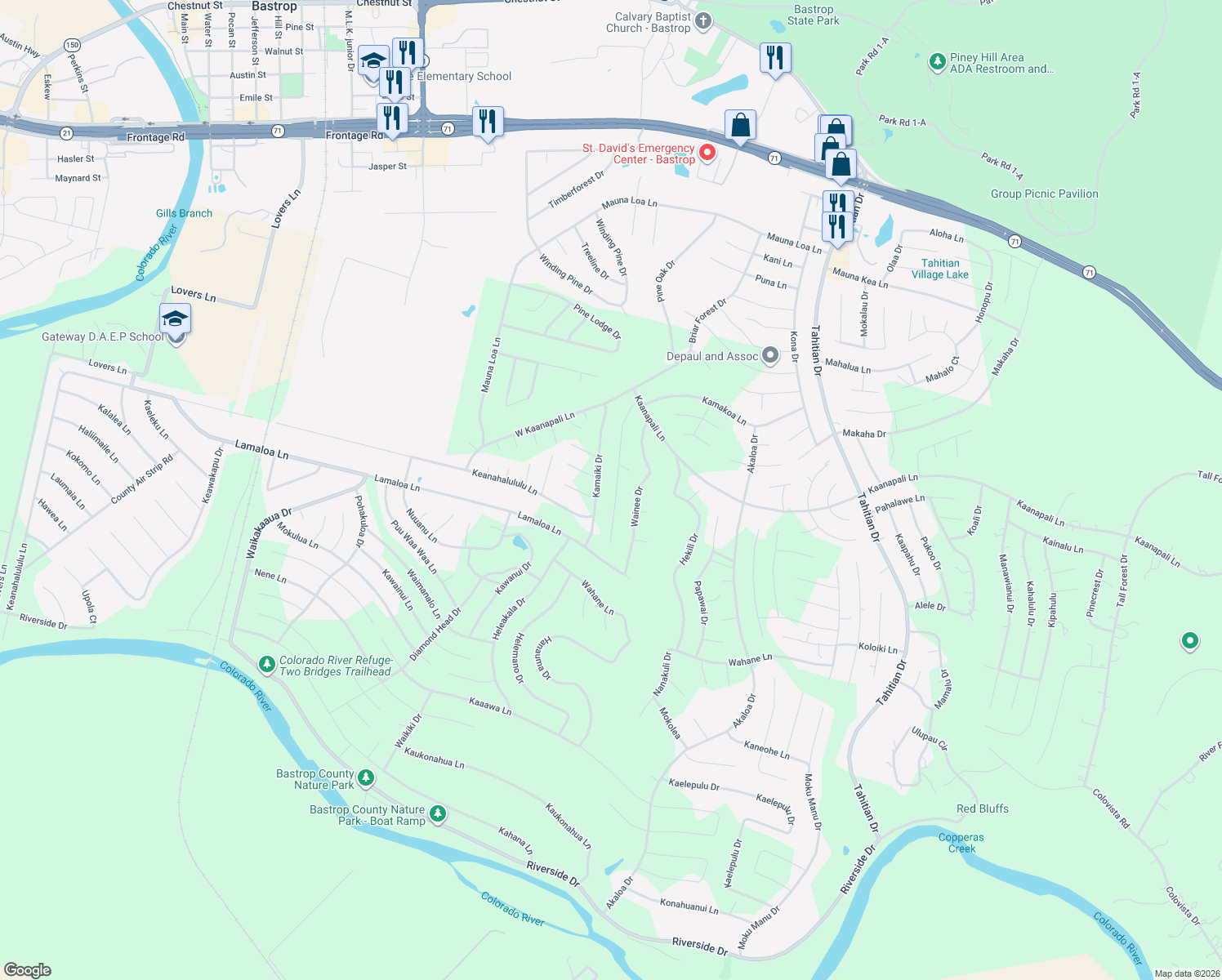 map of restaurants, bars, coffee shops, grocery stores, and more near 160 Molokini Drive in Bastrop