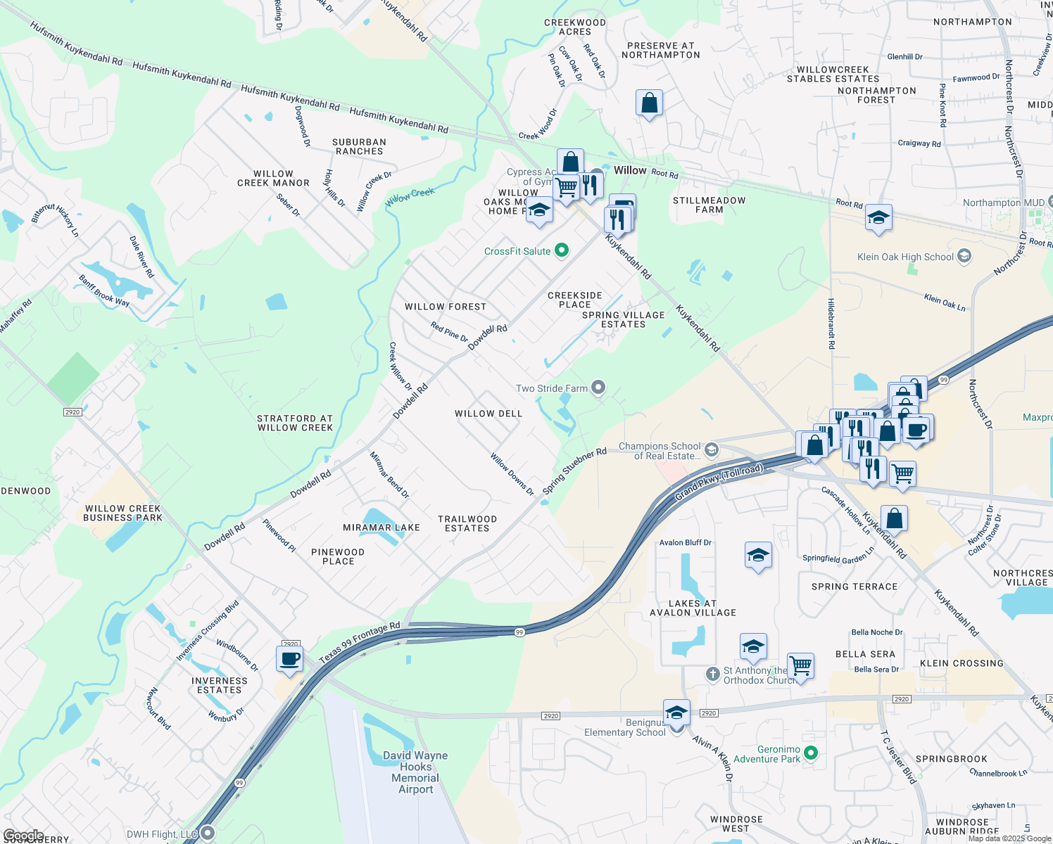 map of restaurants, bars, coffee shops, grocery stores, and more near 8703 Willow Grove Dr in Tomball