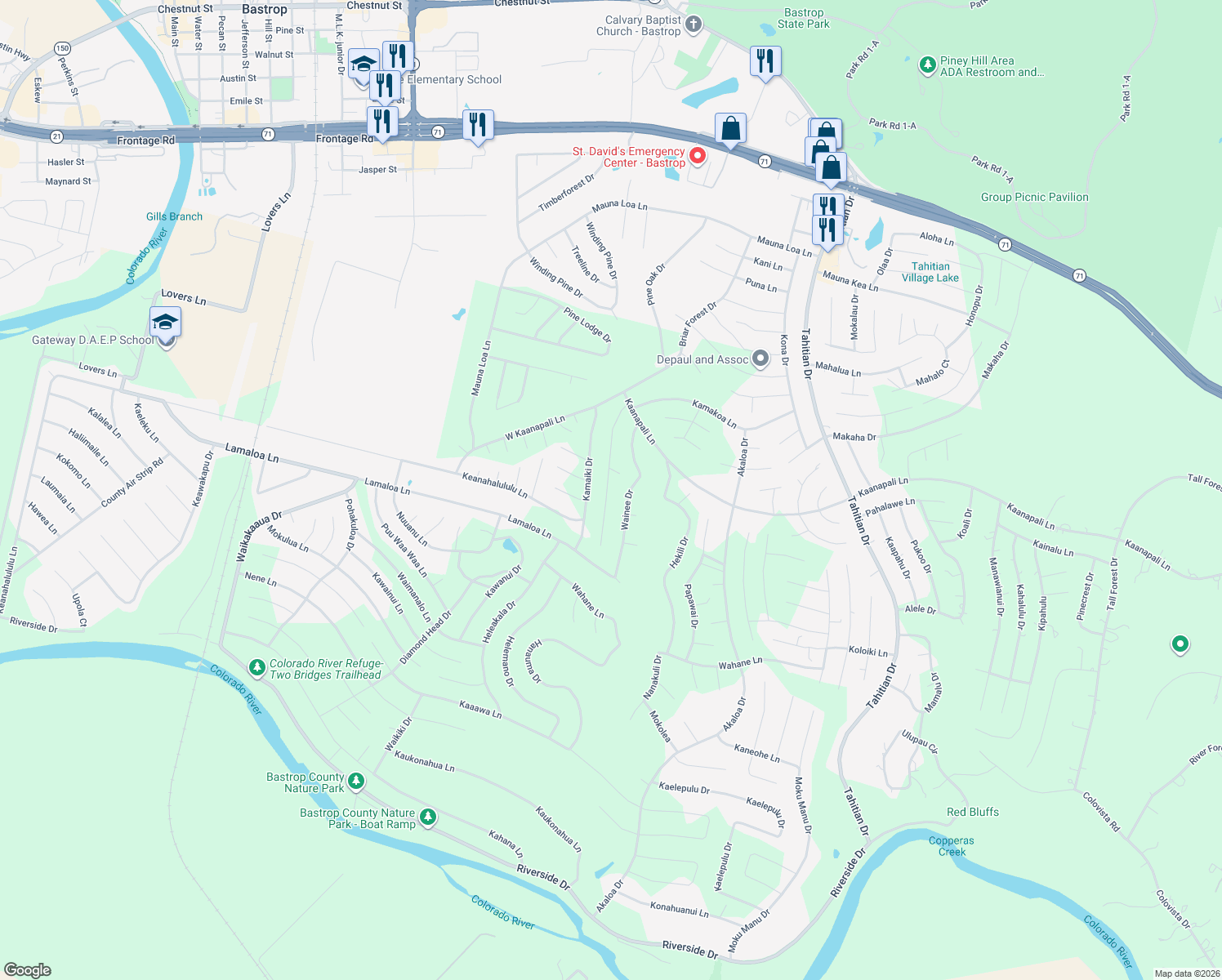 map of restaurants, bars, coffee shops, grocery stores, and more near 160 Molokini Drive in Bastrop