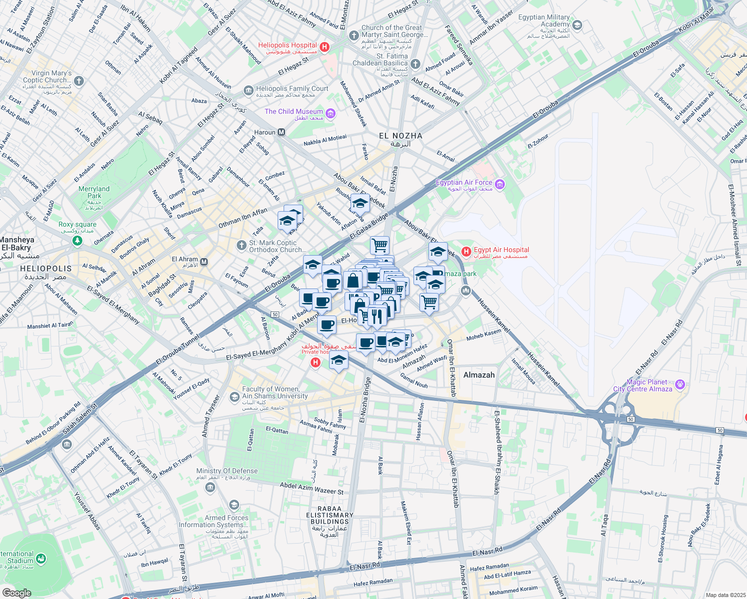 map of restaurants, bars, coffee shops, grocery stores, and more near 74 El-Nozha in Heliopolis